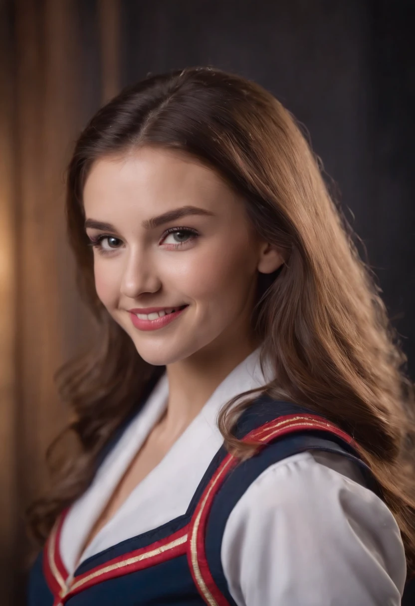 Beautiful high school cheerleader poses in studio, adorable smile