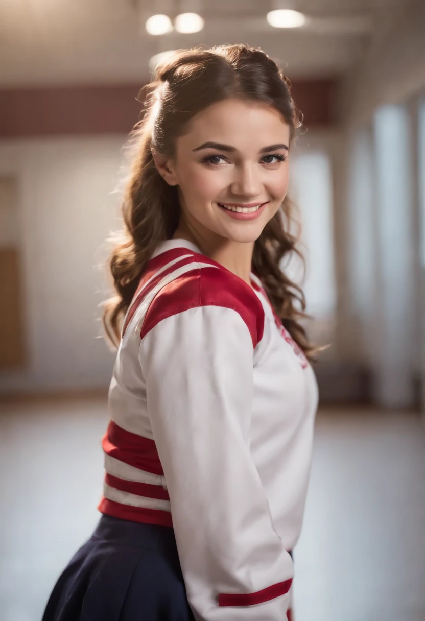 Beautiful high school cheerleader poses in studio, adorable smile