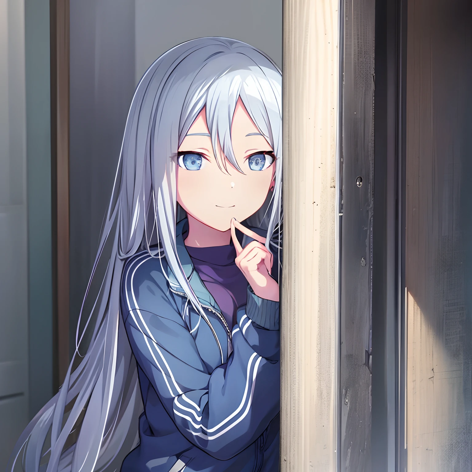 grey eyes, kanade3rd, looking at viewer, blue jacket, purple t shirt, blush, smile