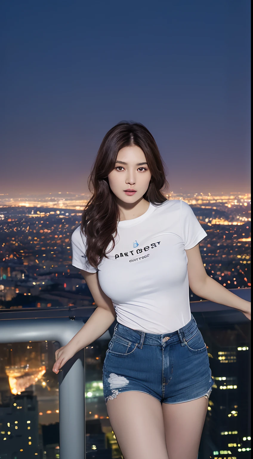 ((Midnight, Best quality, 8k, Masterpiece :1.3)), Whole body, Long legs, Sharp focus :1.2, A pretty woman with perfect figure :1.4, Slender abs :1.1, ((Dark brown hair, medium breasts :1.2)), (White tight tshirt, Jean bib, Standing:1.2), ((Night city view), Highly detailed face and skin texture, Detailed eyes, Double eyelid