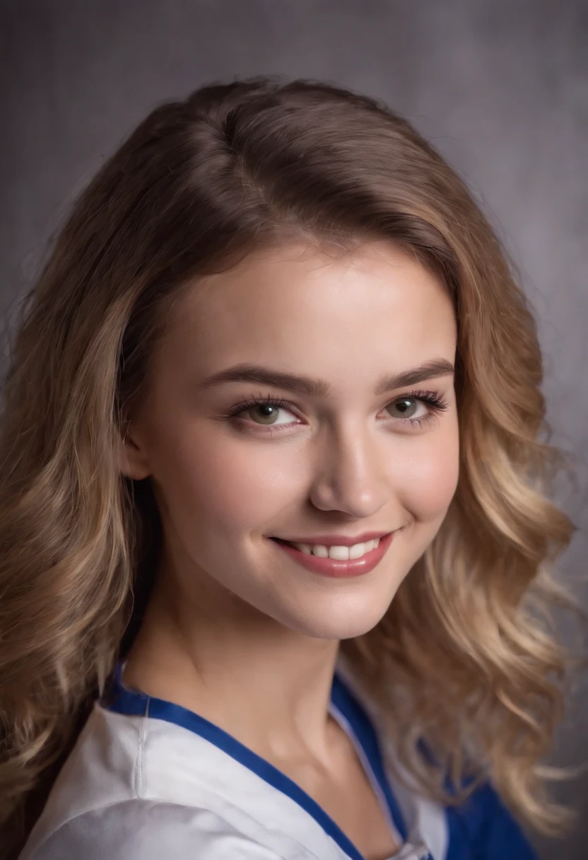 Beautiful high school cheerleader poses in studio, adorable smile