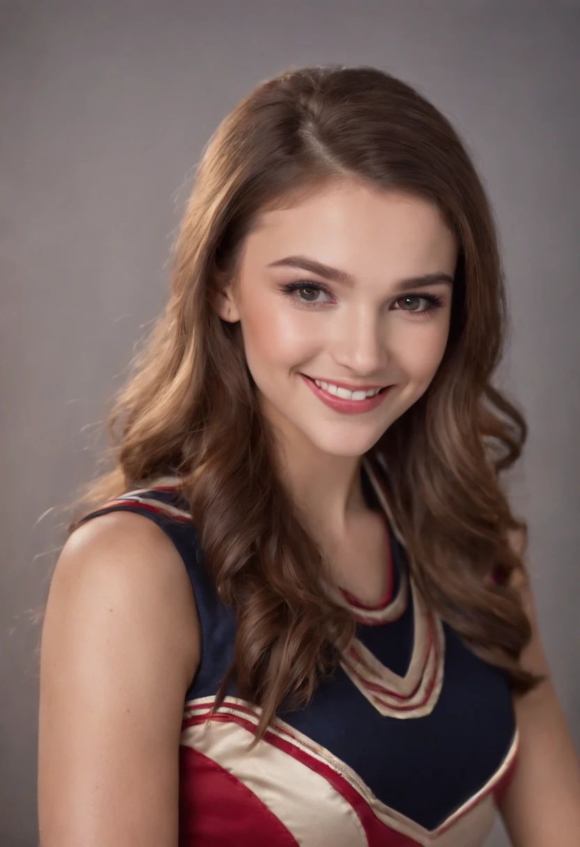 Beautiful high school cheerleader poses in studio, adorable smile