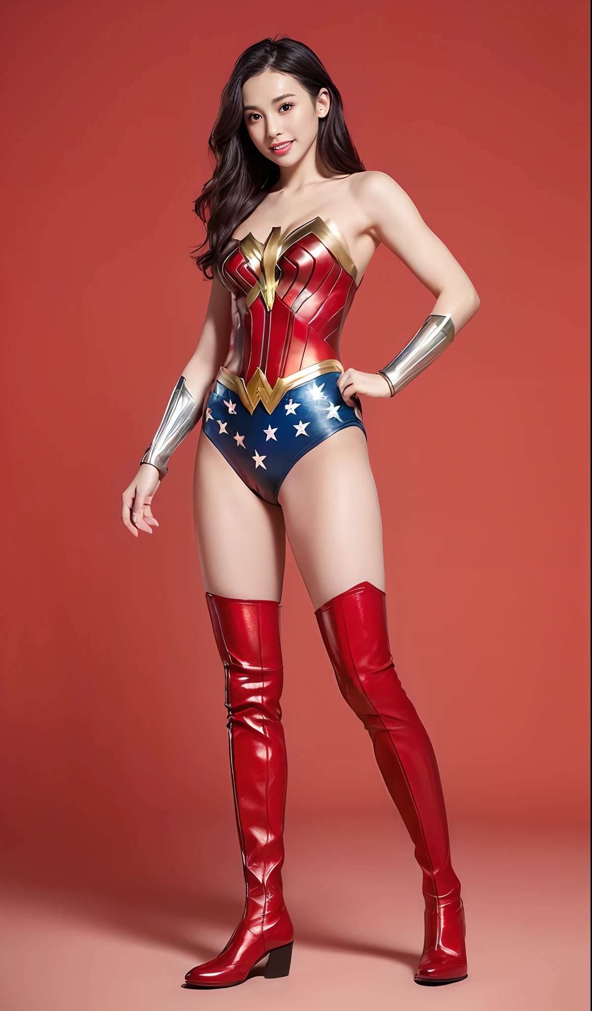 (((Wear black tights on your beautiful legs.)))、(((Grow legs、tall、beauty legs)))、(((facial expression of smile)))、((((Make the most of the original image)))、(((Wonder Woman Costume)))、(((beautiful hairl)))、(((Suffering)))、(((Feet must necessarily be worn with black tights)))、(((You need to wear red boots)))、((Top image quality、8K))、((top-quality、8K、masterpiece:1.3))、(((Keep your background simple)))、Crisp focus:1.2、Beautiful woman with perfect body shape:1.4、Slender Abs:1.2、Highly detailed facial and skin texture、8K、Asian Beautiful Girl