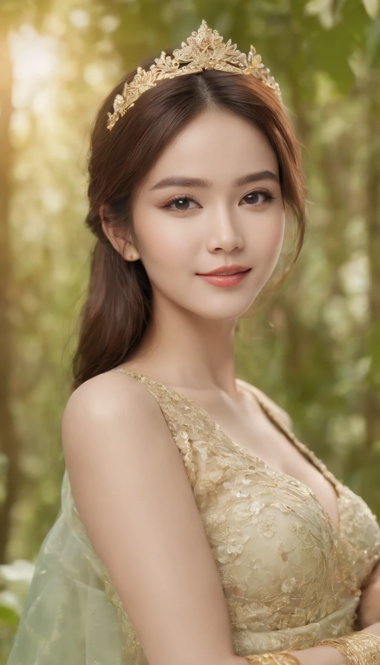 myth,argent,kebaya,gold,Scroll,batik,sleeveless,treasure,universe, face the camera, smile, 19 year old girl, cute girl, beautiful girl, indonesian model, white healthy skin, delicate eyes, tied-up hair, ethnic earrings, golden crown, full body photo, realistic hands, realistic fingers, natural hands, natural fingers, (sexy body:1.2), (slim waist:1.2), product photo shoot, holding a tiny green tube beauty serum.