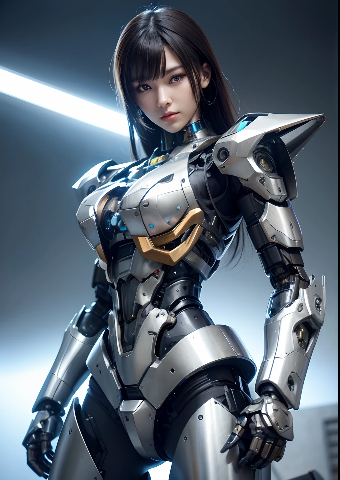 Textured skin, Super Detail, high details, High quality, Best Quality, hight resolution, 1080p, hard disk, Beautiful,(cyborgs),beautiful cyborg woman,Mecha Cyborg Girl,Battle Mode,Girl with a Mecha Body,She wears a battle cyborg mech with a weapon,Fulll body Shot