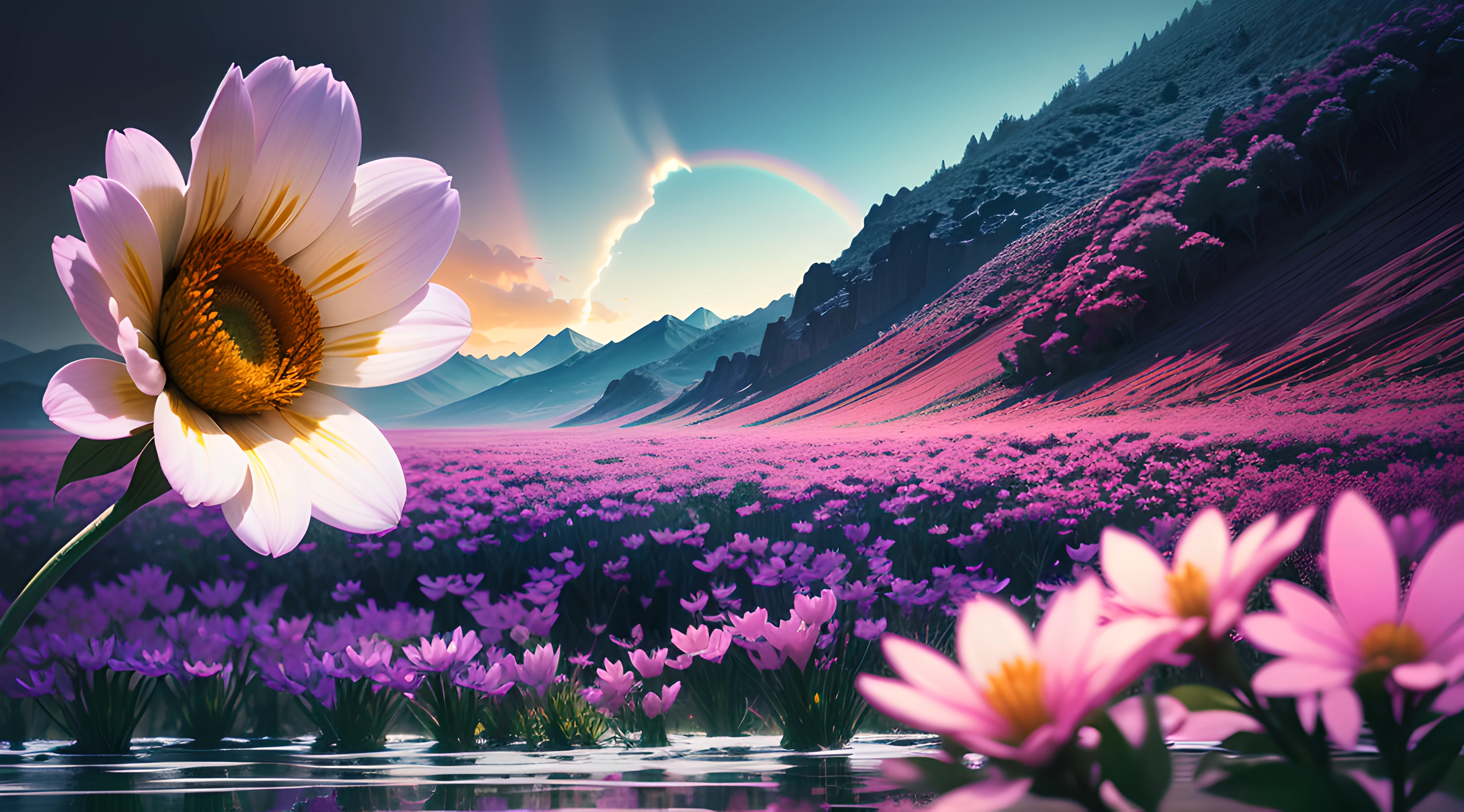 masterpiece, absurdres, flowers in the foreground with a very closeup detailed flower, surreal atmosphere, glass bench in the background reflecting rainbow like light, water in the background with a mountain in the far background, eyegasm, colorful at places