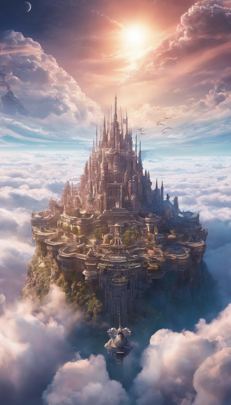 ((A vast world above the clouds:1.2)), (((Clouds as far as the eye can see))), (A large and magnificent castle in the center), The castle town spreads around the castle, Countless birds flying around the castle, during daytime, The sky is clear, (Photorealsitic, 8K, masutepiece:1.3) image size 1080x1920, phone wallpaper size