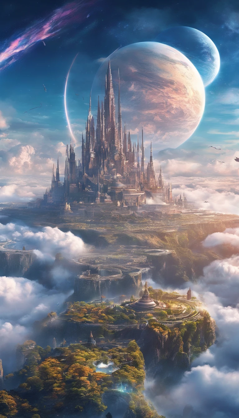 ((A vast world above the clouds:1.2)), (((Clouds as far as the eye can see))), (A large and magnificent castle in the center), The castle town spreads around the castle, Countless birds flying around the castle, during daytime, The sky is clear, (Photorealsitic, 8K, masutepiece:1.3) image size 1080x1920, phone wallpaper size