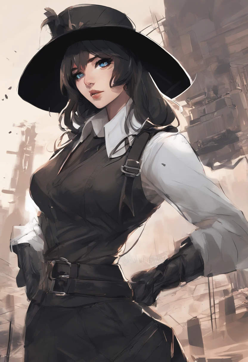 Full body British woman, Blue eyes, Black hair, Wear a classic black round hat, White shirt, Dark long jacket, Belt with silver buckle, Dark leather pants, black boots, She brings a leather bag in her left hand, She is a serious woman with big ambitions, She lives in the industrial era of England,