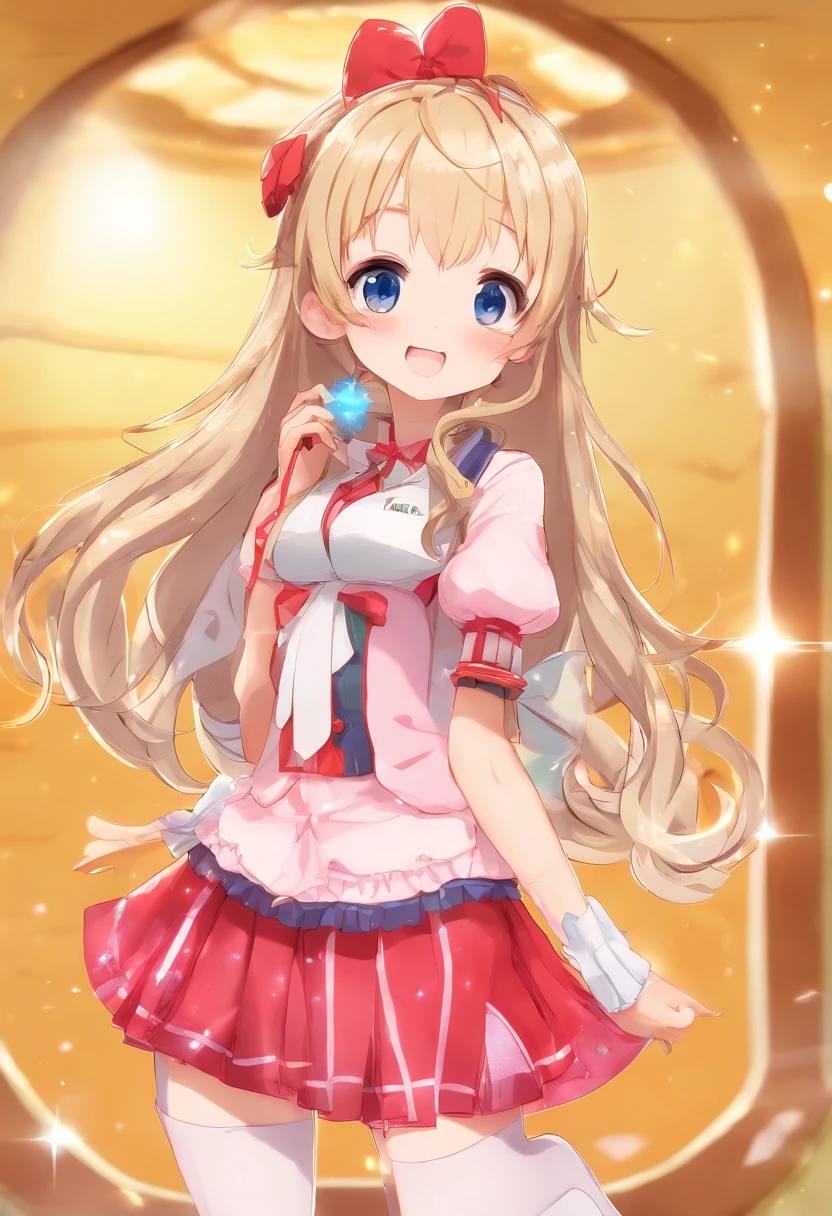 nsfw,1 girl,((8k)),((((masterpiece)))),(((ultra-detailed))),((gleaming skin)),(best quality),(beautiful hair),(perfect anatomy),(beautiful shadow),(very high res),(finely detailed),blonde hair, hair between eyes, wavy hair,((side ponytail)),((((6 years old:1.1)))),((((loli)))),((little female child:1.2)),(((dark skin))),flat chest,(looking away),smile,(blue idol costume),((upskirt)),show off panties,striped panties,idol stage,lens flare,cameltoe,open mouth,petite,skinny,light sparkles,singing