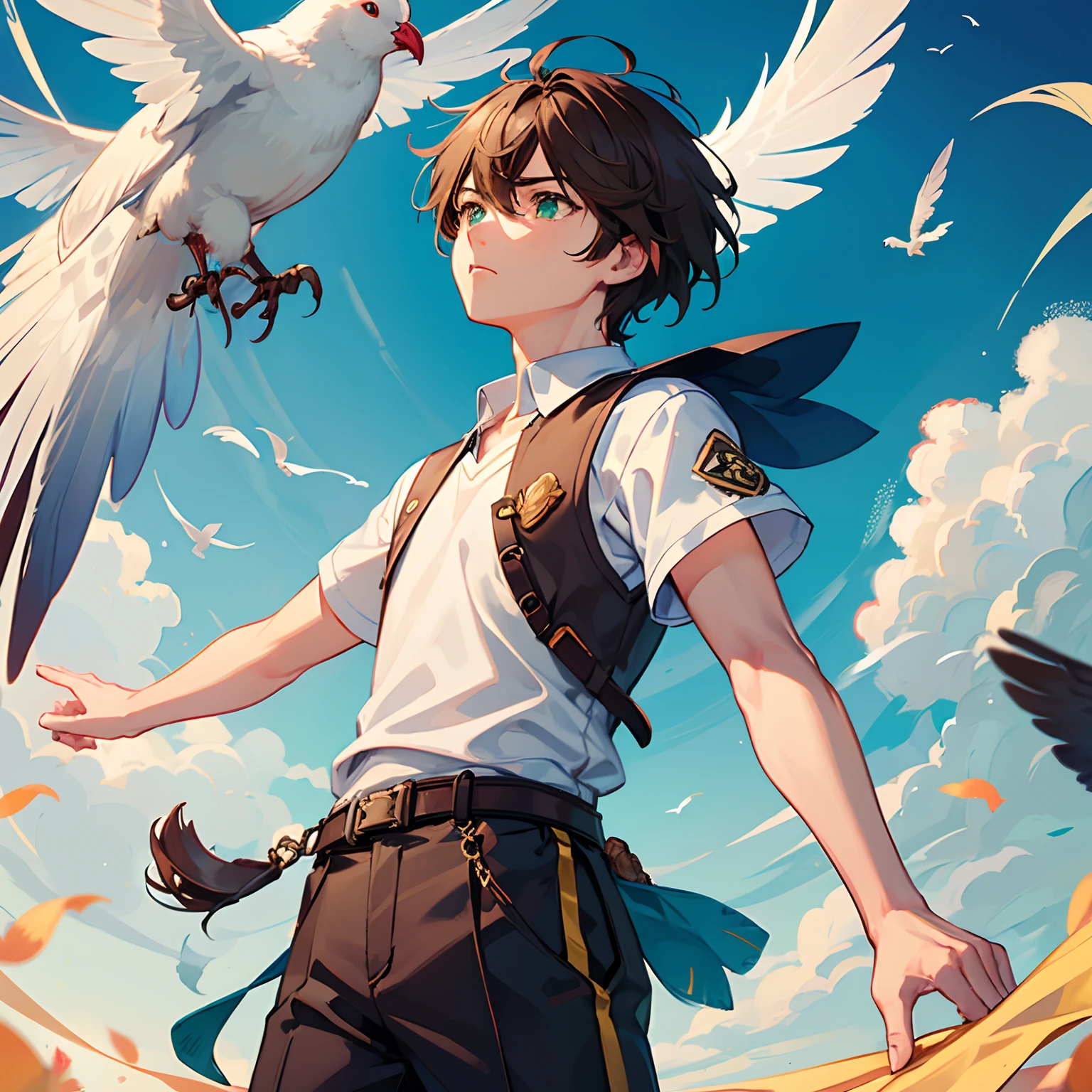 1boy, banner, bird, brown hair, character name, commentary, creatures (company), crossover, dove, english commentary, feathers, game free, genshin impact, green eyes, hair between eyes, looking up, nintendo, pidove, ry-spirit, shirt, short hair, short sleeves, sidelocks, tears, timmie (genshin impact), vest">