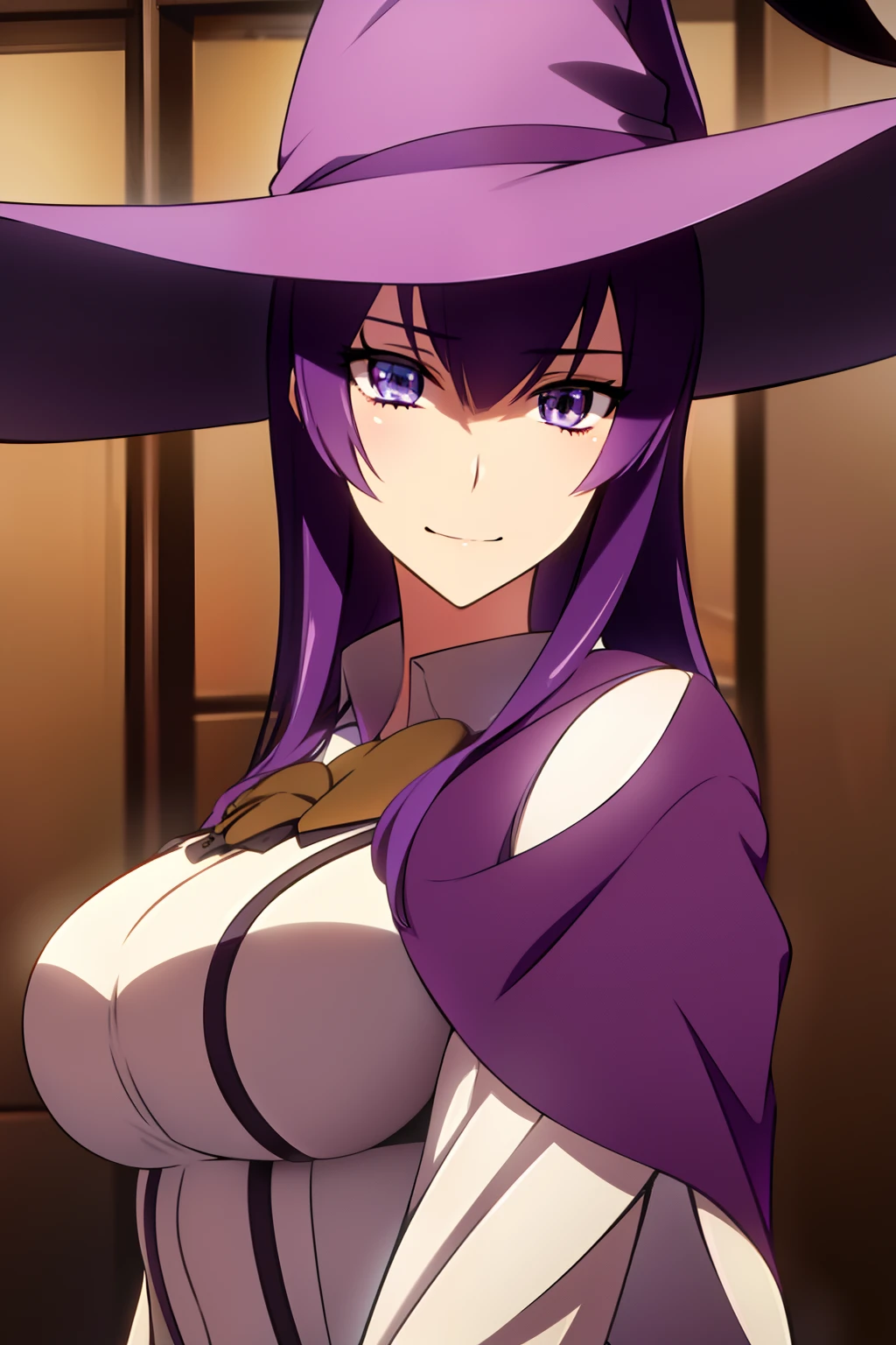 Saeko Hishishima, Saeko Busujima, Long hair, Purple hair, (Purple eyes:1.1), hair between eye,BREAK looking at viewer,BREAK (masutepiece:1.2), Best Quality, High resolution, Unity 8k壁纸, (Illustration:0.8), (Beautiful detailed eyes:1.6), extra detailed face, Perfect Lighting, extremely details CG, (Perfect hands, Perfect Anatomy),、(Halloween:1.2)、(witch's hat:1.3)、a smile、Throat and face、cowboy  shot、