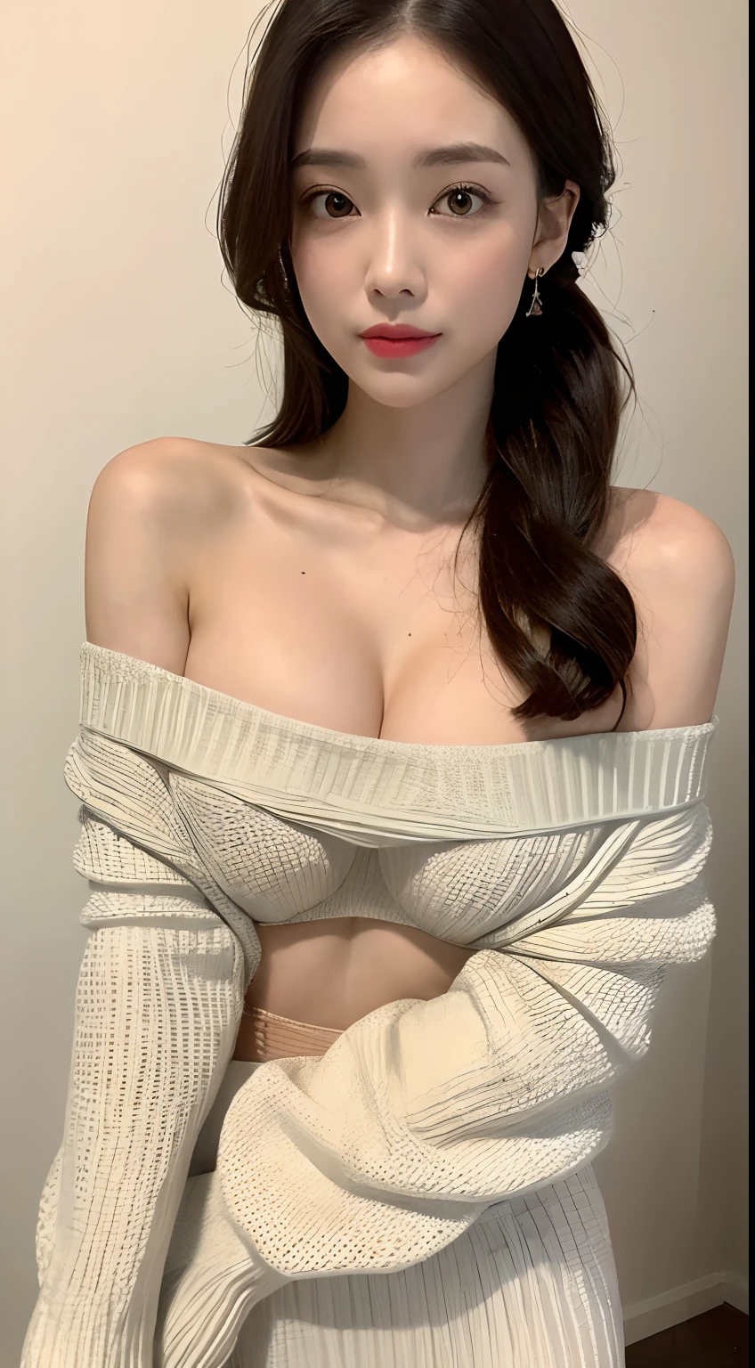 ((The highest image quality, 8K, tmasterpiece:1.3)), 1girll, Beautiful woman with slender abs:1.3, (casual hairstyle, large breasts exposed：1.5), off-the-shoulder sweater，Ultra-fine face, A detailed eye, 二重まぶた，Hip Wrapping Mini Skirt，legs wide open，Super cute，Bare chest，above from，large cleavage，Boyfriend's perspective，kiss，hug，Without bra，biting his lip，Extremely cute，