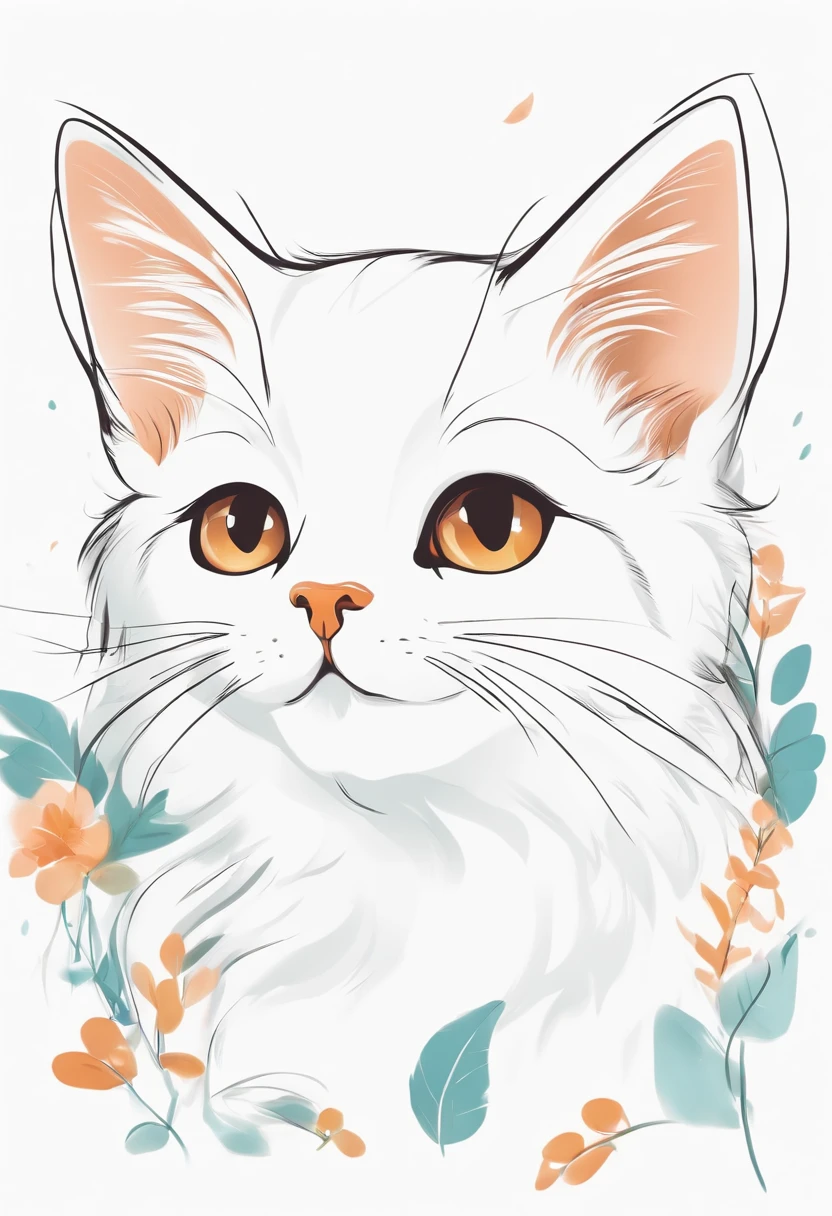 A cute cat, simple strokes, lines, 8k,clear focus, simple picture books, picture bookillustrations, image black border color, planartexture cartoon style, white background, StudioGhibli,simple color matching