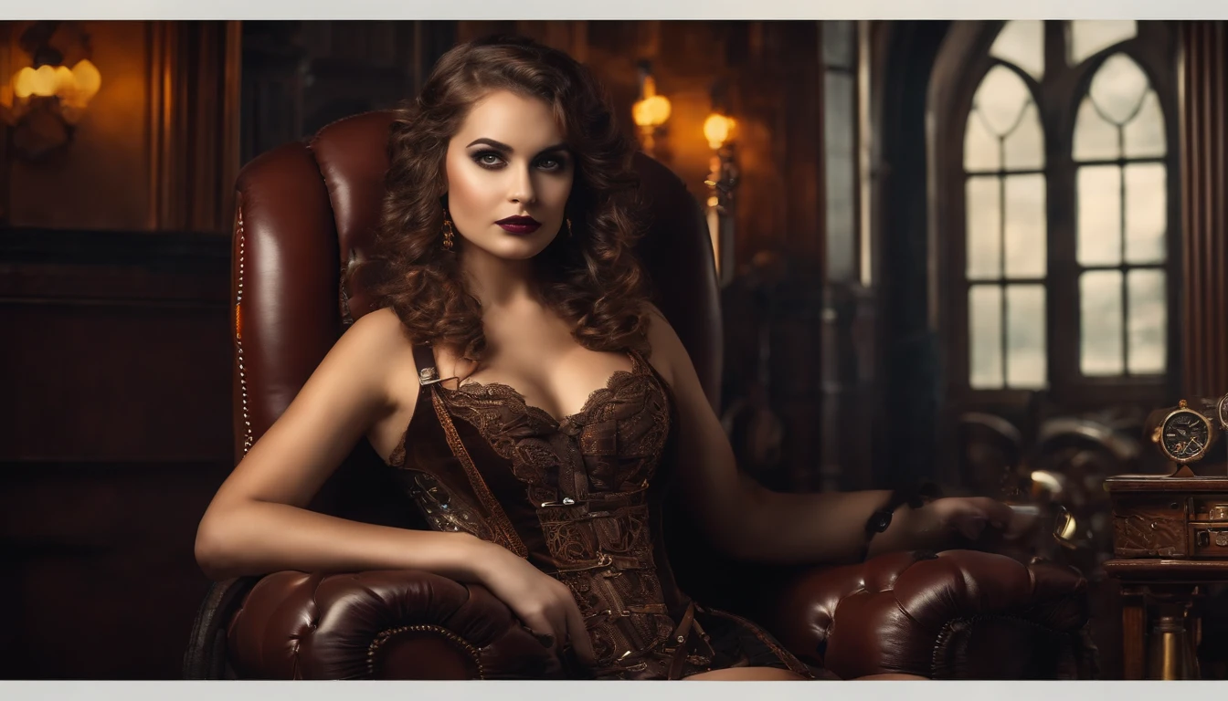 Retrato de uma menina steampunk bonita em lingerie e meias sentada em poltrona velha, ((detalhando todo o corpo))