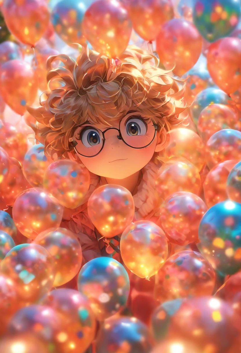 Un gars avec un visage rond,des petites lunettes rondes, sans cheveux, chauve, de nombreux ballons, cheerfulness, perfect quality, Objectif clair (Encombrement-maison: 0.8), (Masterpiece: 1.2) (Realstic: 1.2) (Bokeh) (Best quality) (detailed skin: 1.3) (Intricate details) (8k) (detail eyes) (mise au point nette), (cheerfulness)