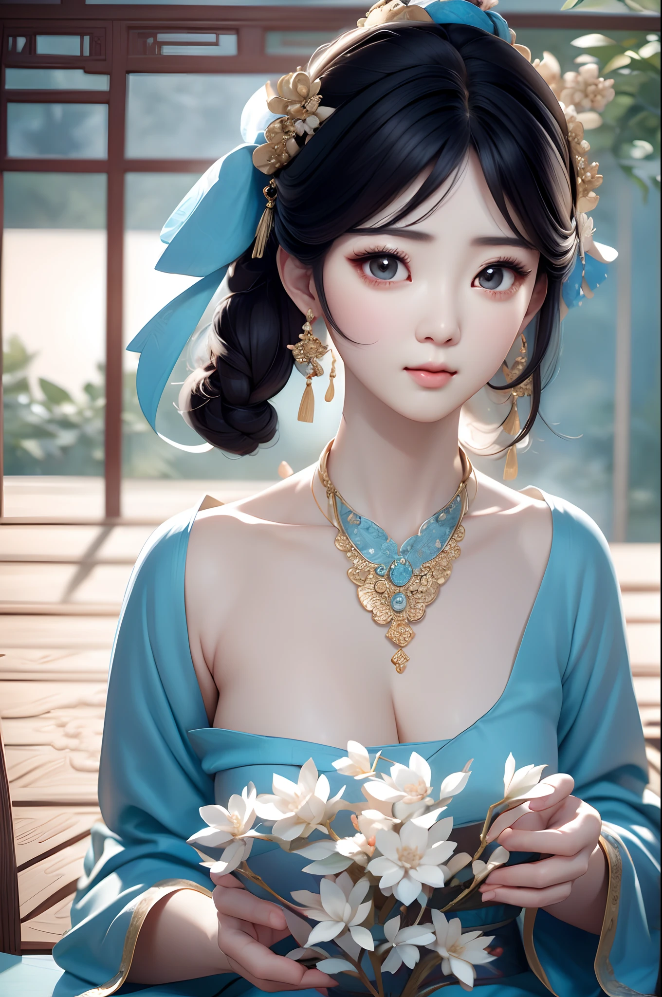 Close-up of a woman wearing a light blue slip dress necklace, Chinese style, Chinese girl, Beautiful character painting, Guviz-style artwork, Palace ， A girl in Hanfu, Beautiful rendering of the Tang Dynasty, Realistic anime 3 D style, trending on cgstation, 8K high quality detailed art, Princesa chinesa antiga, Chinese woman, Guviz