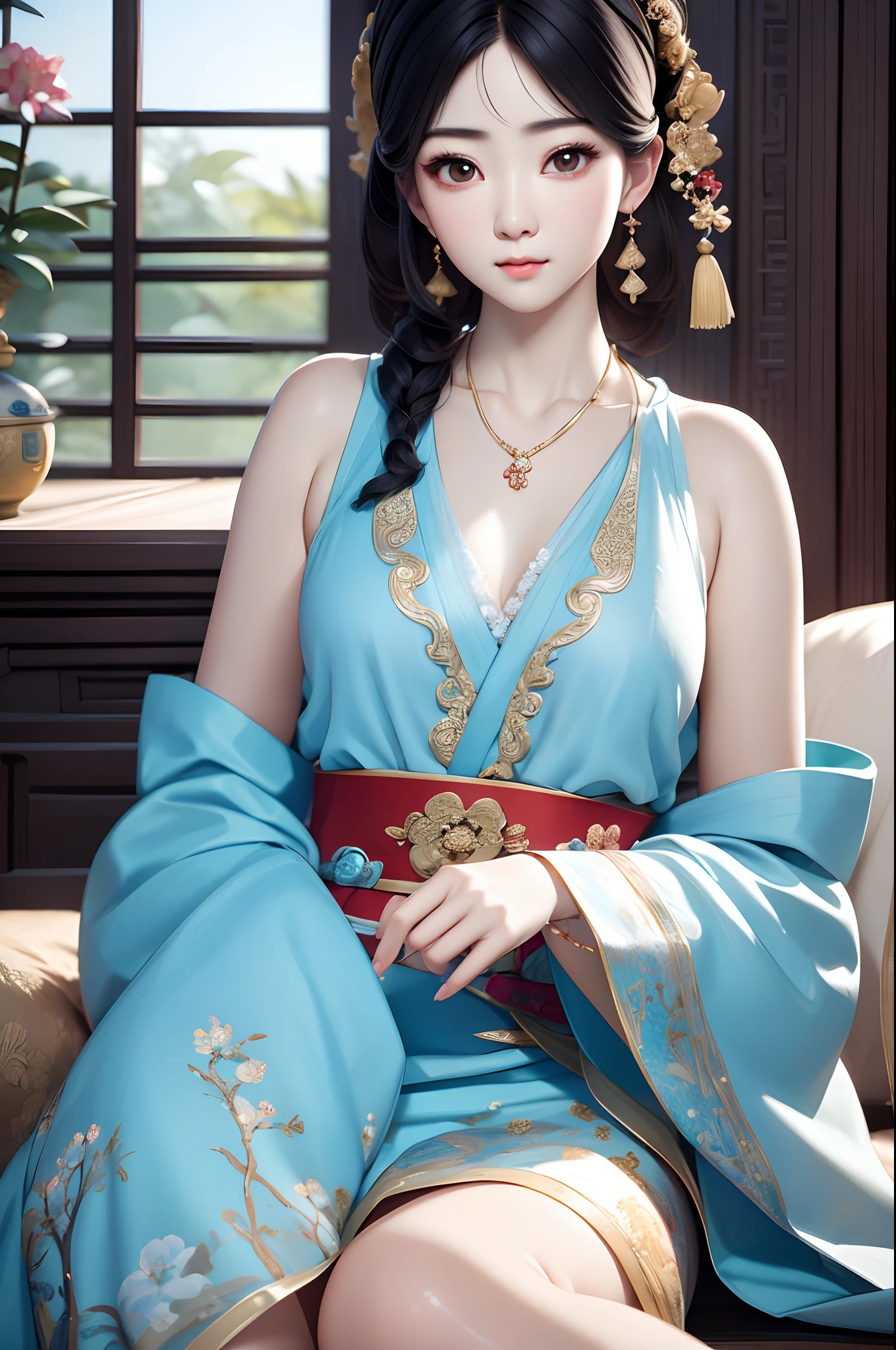 Close-up of a woman wearing a light blue slip dress necklace, Chinese style, Chinese girl, Beautiful character painting, Guviz-style artwork, Palace ， A girl in Hanfu, Beautiful rendering of the Tang Dynasty, Realistic anime 3 D style, trending on cgstation, 8K high quality detailed art, Princesa chinesa antiga, Chinese woman, Guviz