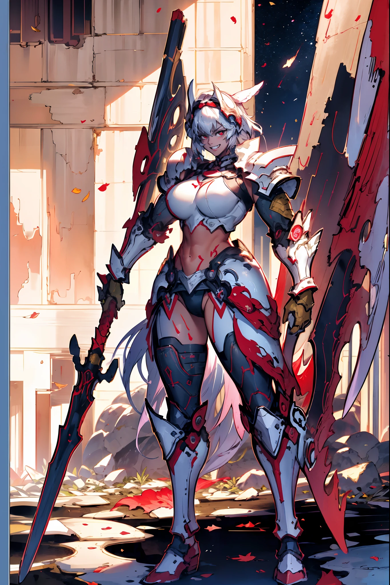 4k, highly detailed, anime style, HDR, subsurface scattering, in a temple, temple being destroyed, Greek temple on fire background, (masterpiece, best quality:1.2), caenis,( fgo stage 3), 1girl, big breasts, looking at fires, smile, short hair, white hair, bangs, red eyes, animal ears, open clothes, hairband, grin, (gold armor), body markings, white nails, epic scene, tall girl,full body, darskinned-female, crazy smile, staff holding, standing, musclegirl