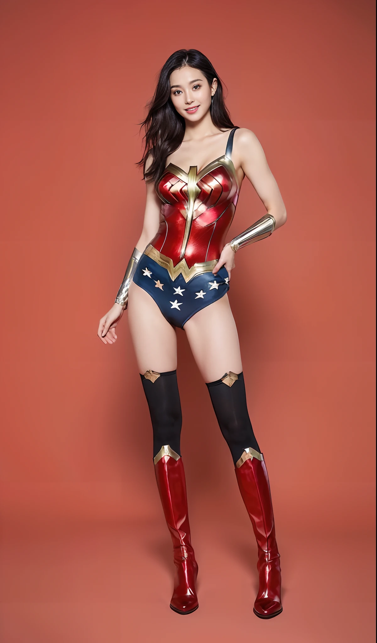 (((Wear black tights on your beautiful legs.)))、(((Grow legs、tall、beauty legs)))、(((facial expression of smile)))、((((Make the most of the original image)))、(((Wonder Woman Costume)))、(((beautiful hairl)))、(((Suffering)))、(((Feet must necessarily be worn with black tights)))、(((You need to wear red boots)))、((Top image quality、8K))、((top-quality、8K、​masterpiece:1.3))、(((Keep your background simple)))、Crisp focus:1.2、Beautiful woman with perfect body shape:1.4、Slender Abs:1.2、Highly detailed facial and skin texture、8K、Asian Beautiful Girl