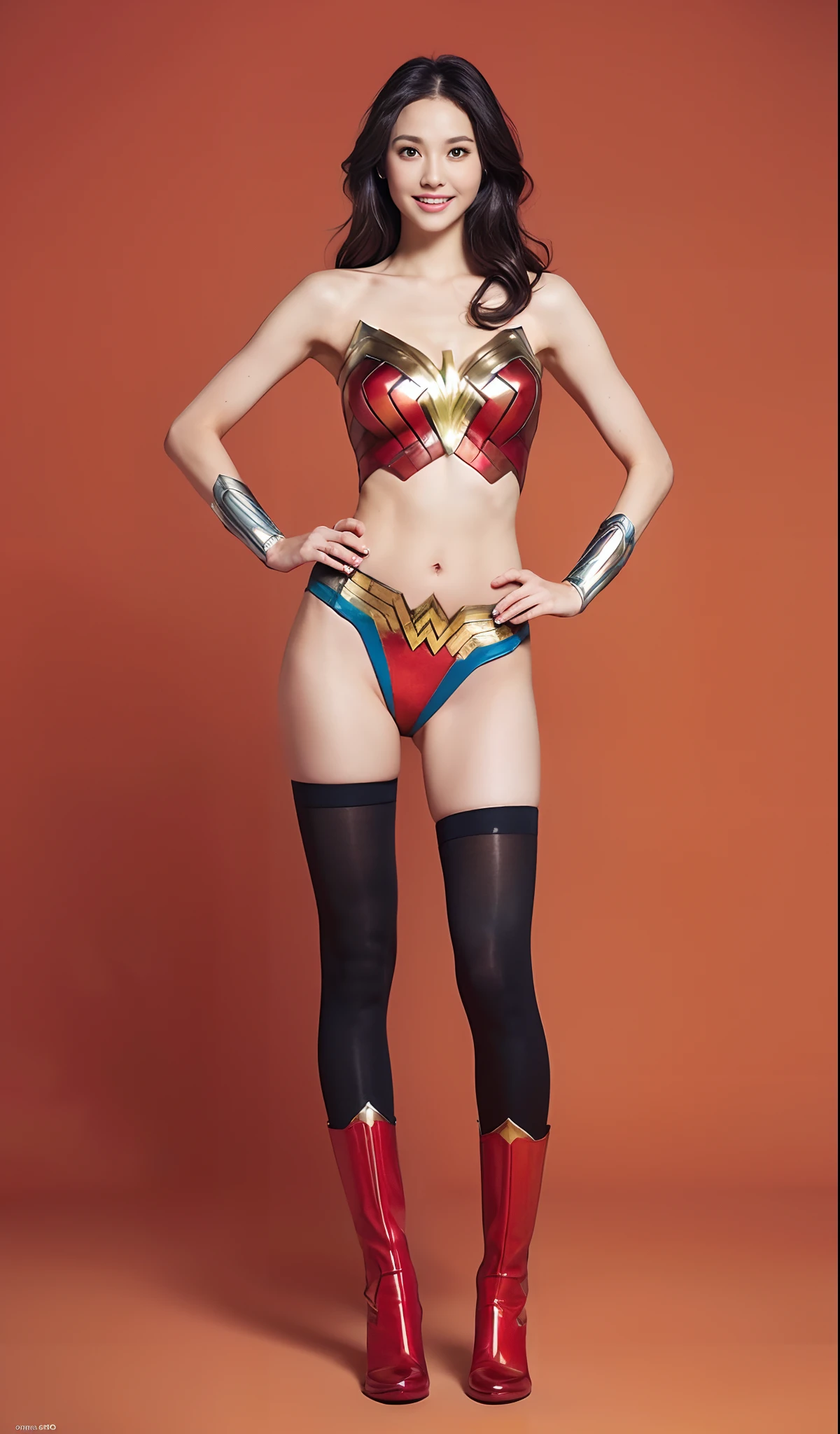 (((Wear black tights on your beautiful legs.)))、(((Grow legs、tall、beauty legs)))、(((facial expression of smile)))、((((Make the most of the original image)))、(((Wonder Woman Costume)))、(((beautiful hairl)))、(((Suffering)))、(((Feet must necessarily be worn with black tights)))、(((You need to wear red boots)))、((Top image quality、8K))、((top-quality、8K、masterpiece:1.3))、(((Keep your background simple)))、Crisp focus:1.2、Beautiful woman with perfect body shape:1.4、Slender Abs:1.2、Highly detailed facial and skin texture、8K、Asian Beautiful Girl