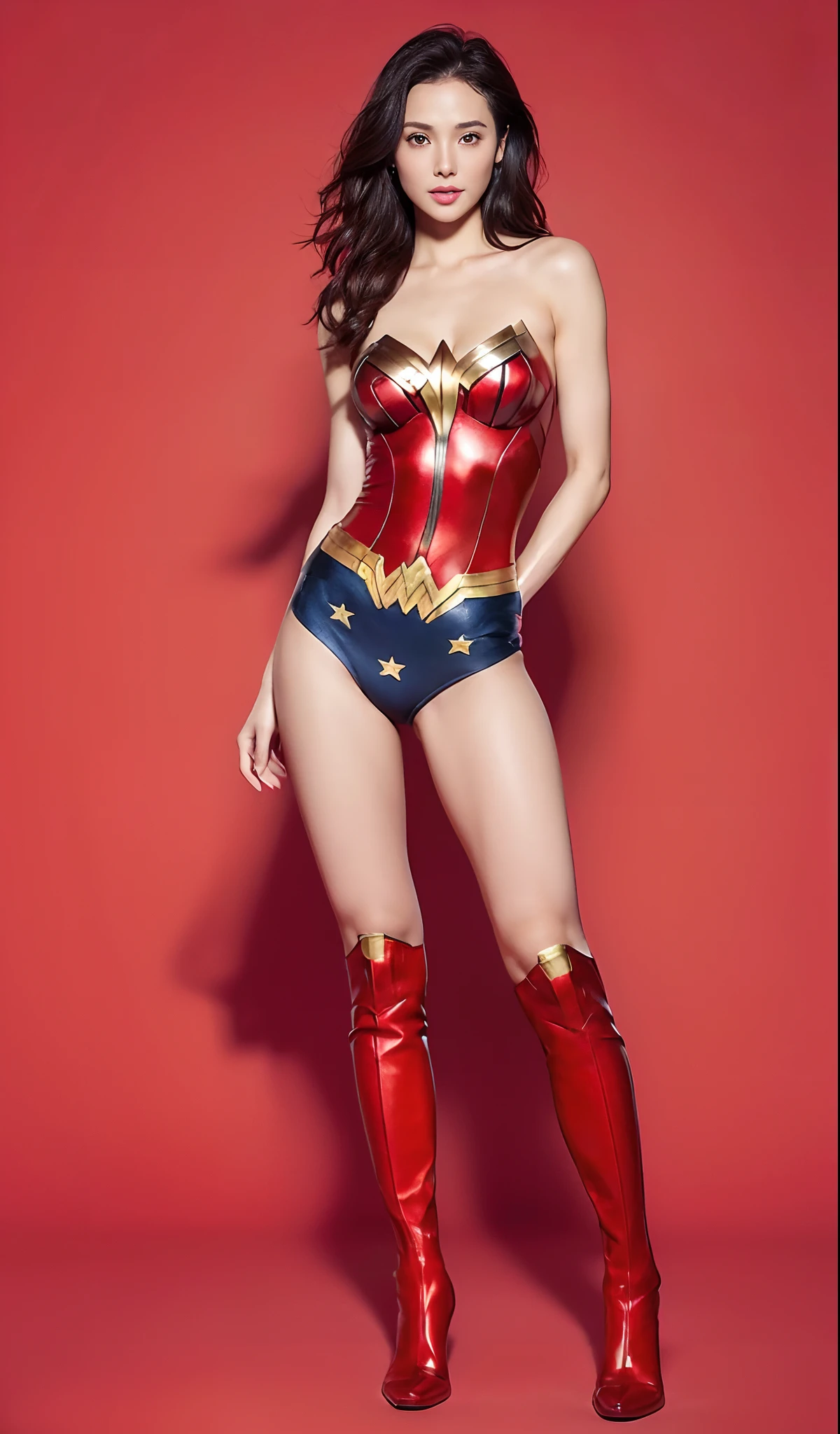 (((Wear black tights on your beautiful legs.)))、(((Grow legs、tall、beauty legs)))、(((facial expression of smile)))、((((Make the most of the original image)))、(((Wonder Woman Costume)))、(((beautiful hairl)))、(((Suffering)))、(((Feet must necessarily be worn with black tights)))、(((You need to wear red boots)))、((Top image quality、8K))、((top-quality、8K、masterpiece:1.3))、(((Keep your background simple)))、Crisp focus:1.2、Beautiful woman with perfect body shape:1.4、Slender Abs:1.2、Highly detailed facial and skin texture、8K、Asian Beautiful Girl