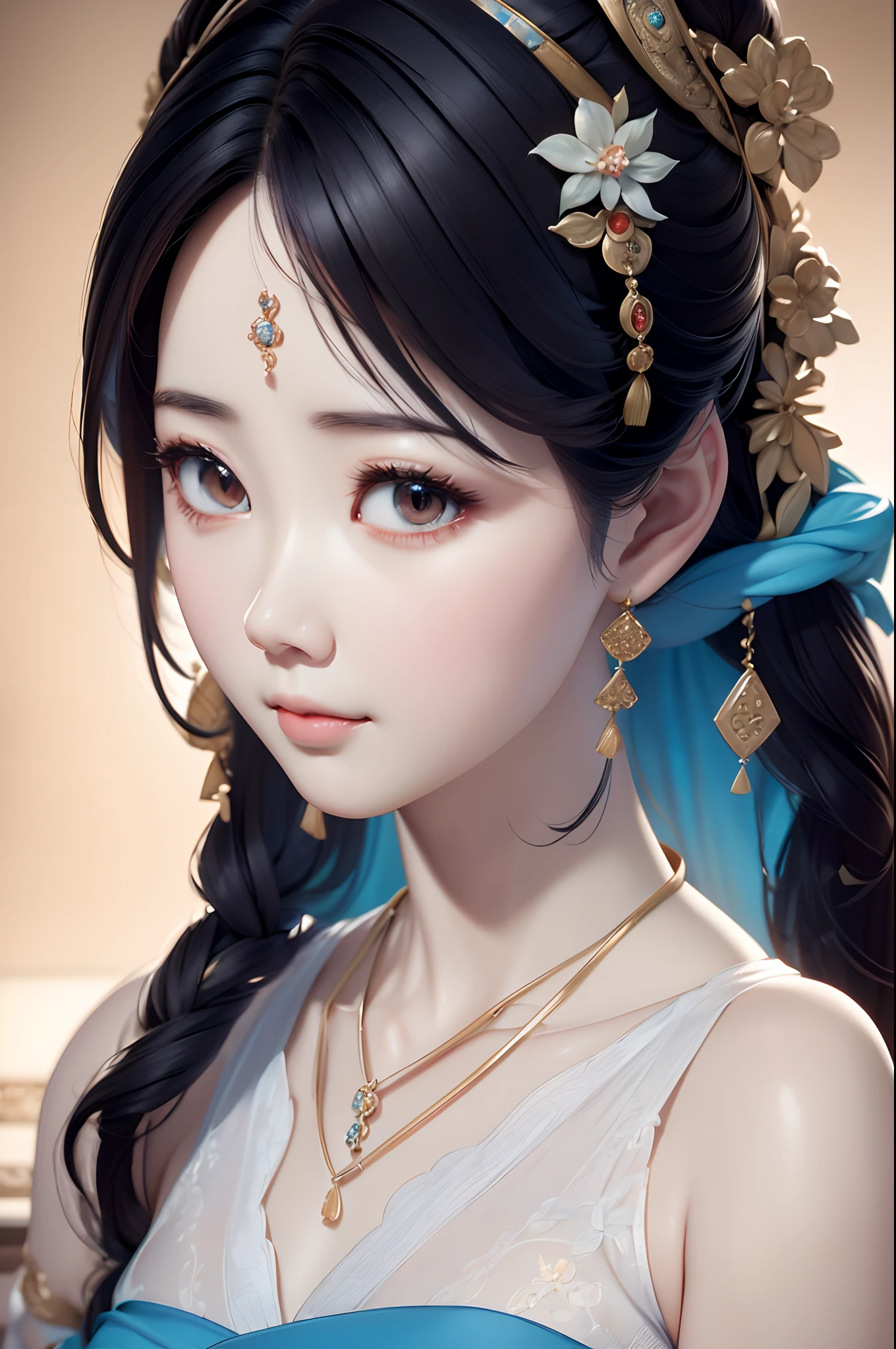 Close-up of a woman wearing a light blue slip dress necklace, Chinese style, Chinese girl, Beautiful character painting, Guviz-style artwork, Palace ， A girl in Hanfu, Beautiful rendering of the Tang Dynasty, Realistic anime 3 D style, trending on cgstation, 8K high quality detailed art, Princesa chinesa antiga, Chinese woman, Guviz