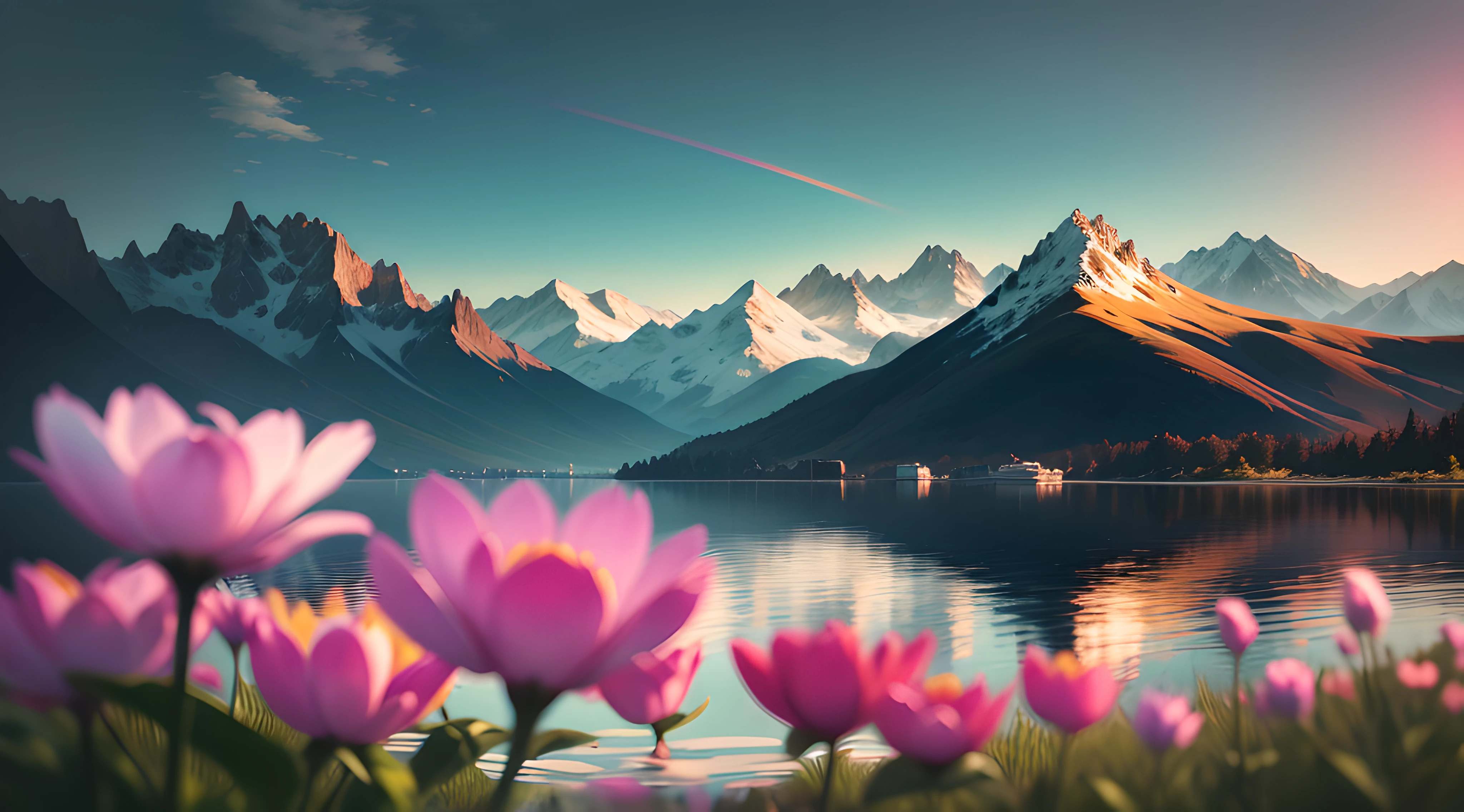 masterpiece, absurdres, flowers in the foreground with a very closeup detailed flower, surreal atmosphere, glass bench in the background reflecting rainbow like light, water in the background with a mountain in the far background, eyegasm, colorful at places