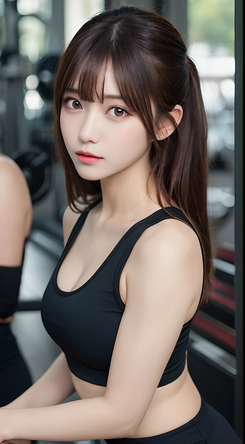 masutepiece, Best Quality, Illustration, Ultra-detailed, finely detail, hight resolution, 8K Wallpaper, Perfect dynamic composition, Beautiful detailed eyes, Fashionable and cute fitness wear, Natural Color Lip,20 years girl,Perfect and beautiful face,sports gym