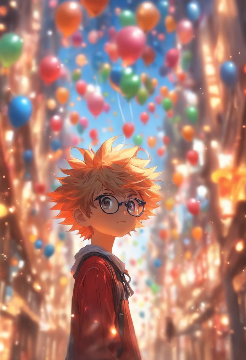 Un gars avec un visage rond,des petites lunettes rondes, il n'a plus de cheveux, de nombreux ballons, cheerfulness, perfect quality, Objectif clair (Encombrement-maison: 0.8), (Masterpiece: 1.2) (Realstic: 1.2) (Bokeh) (Best quality) (detailed skin: 1.3) (Intricate details) (8k) (detail eyes) (mise au point nette), (cheerfulness)