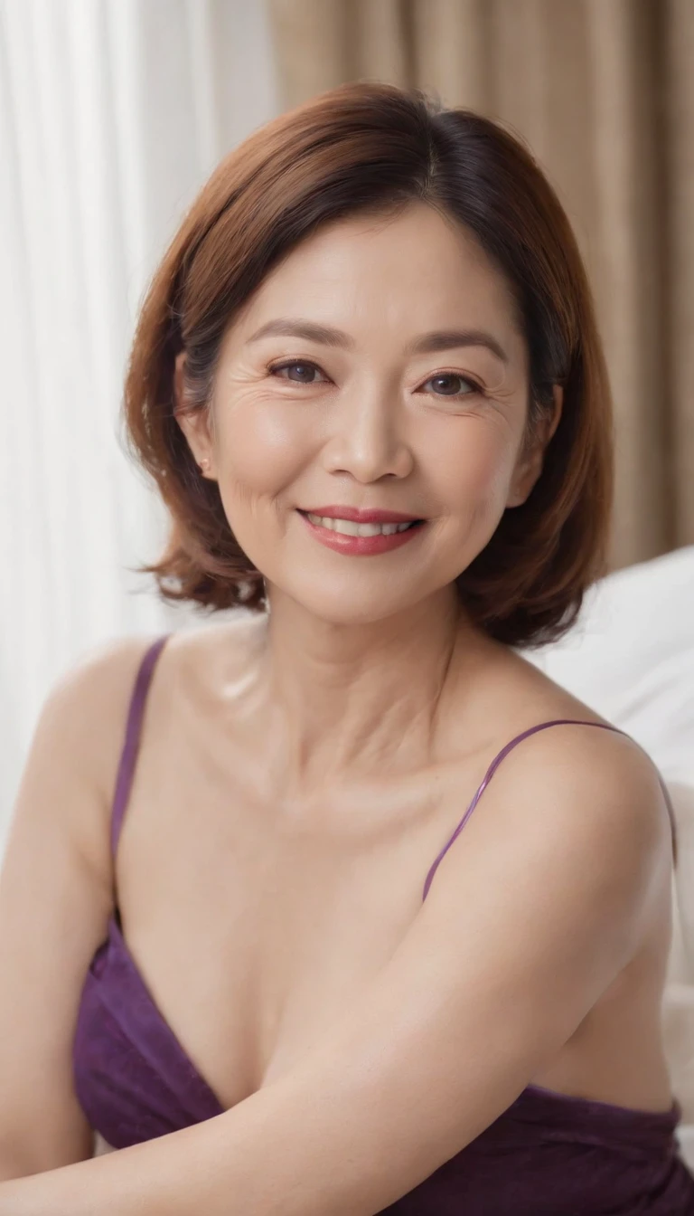 ((aunt:1.1))、(Old face:1.1)、((Beautiful Japan 55 years old naked、A smile、Laughter wrinkles、kneeing on bed、in a luxury hotel、Beautiful Western-style suite with luxurious décor))、Purple bra and purple panties、(Slender Body 1)(Very small breasts)(Saggy)Gravure photography、Photo Pose、(Shiny face、Sexy face、美丽的面容)、Wrinkles at the corners of the eyes、Shorthair、full body photographed、55-year-old married woman、real looking skin、Photo Real、Detailed picture、high-level image quality、、Precise images、full body photographed