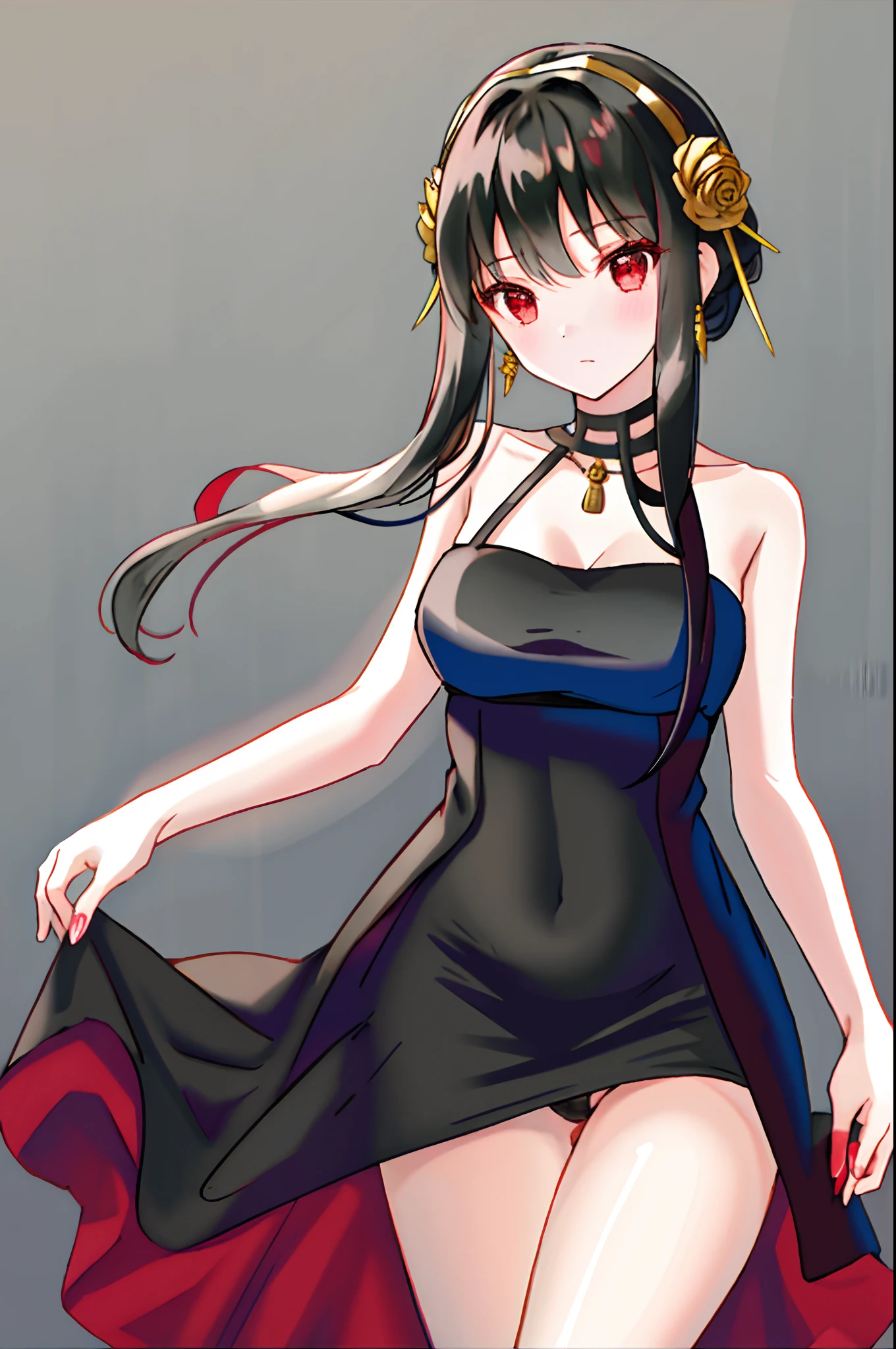 Yol Breyer, 1girl in, bare shoulders, Black Dress, A dark-haired, breastsout, a closed mouth, doress, 耳环, florals, Hair Flowers, hair adornments, shairband, jewely, Medium chest, length hair, looking at the viewers, red eyes, side locks, Sleeveless, panties on