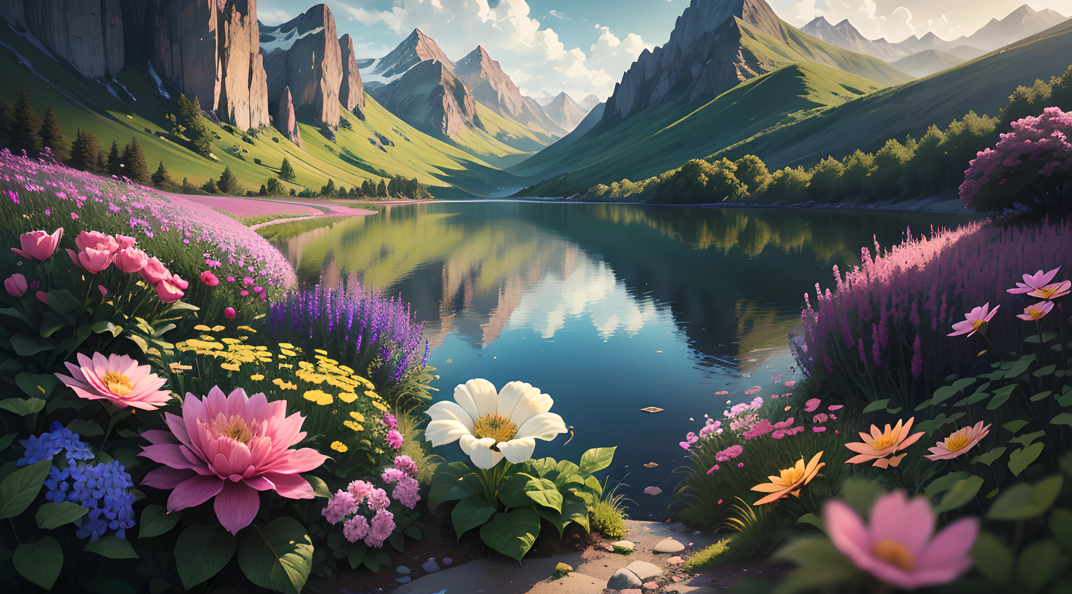 masterpiece, absurdres, flowers in the foreground with a very closeup detailed flower, surreal atmosphere, glass bench in the background reflecting rainbow like light, water in the background with a mountain in the far background, eyegasm, colorful at places