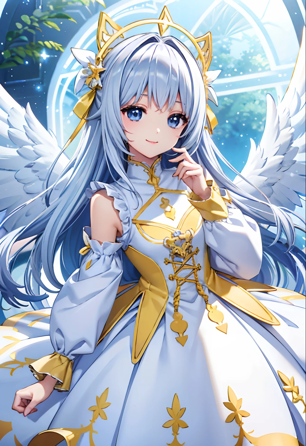 Angel wings shining in white, yellow and pink、Kawaii Girl、adorable smiling、Light blue long hair、Twin-tailed、Colorful angel costume、((top-quality))、((masterpiece))、(ighly detailed、highestdetailed、Official art、Beautifully Aesthetic:1.2)