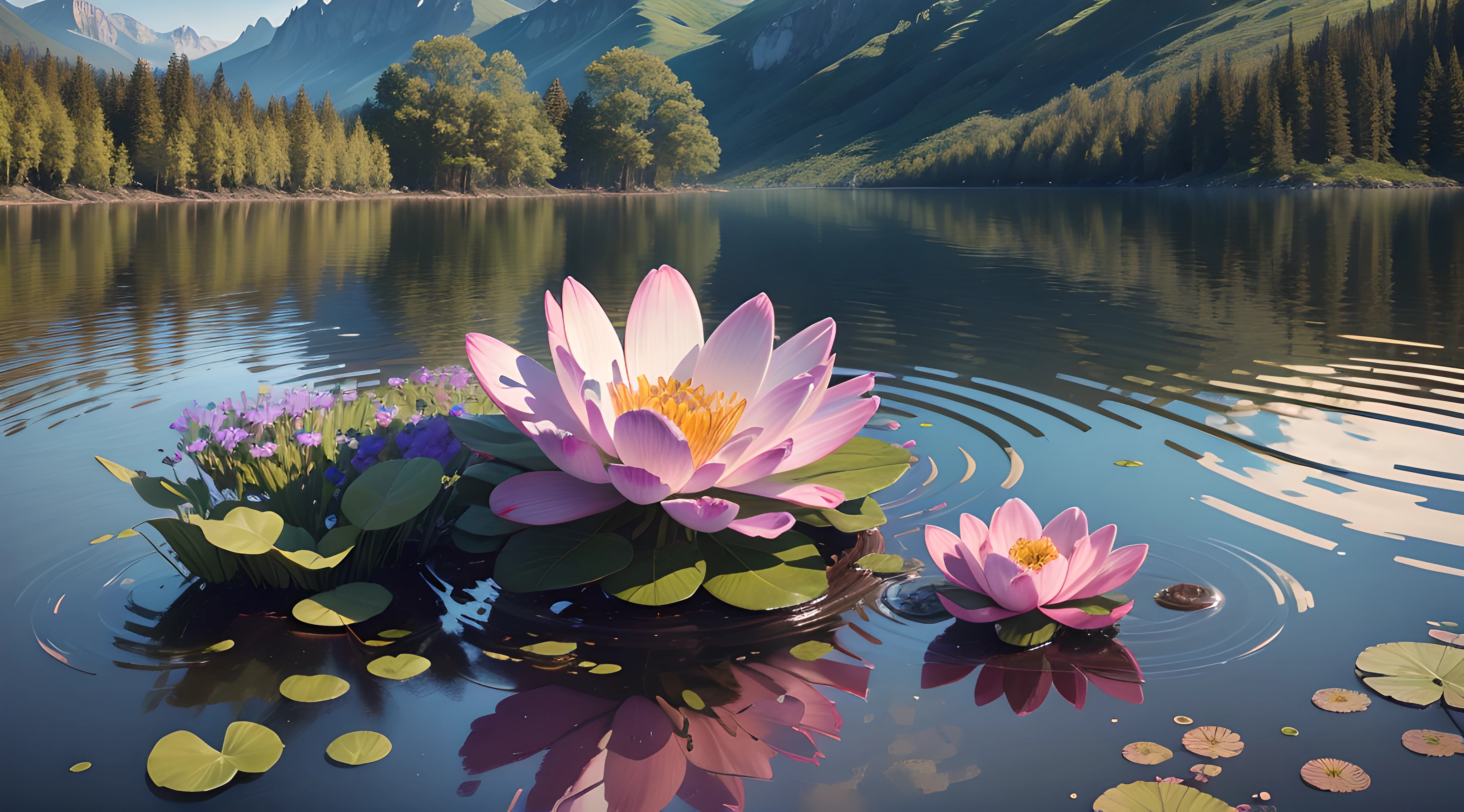 (best quality,4k,8k,highres,masterpiece:1.2),ultra-detailed,(realistic,photorealistic,photo-realistic:1.37),(masterpiece, best quality, no human, landscape, scenery, water flowers:1.2), 8k, 85mm, official art, raw photo, absurdres, perspective, depth of field, HDR, sharp focus, highres, photography, mountain, realistic, highest detailed, extreme detailed, ultra detailed, finely detail, flowers