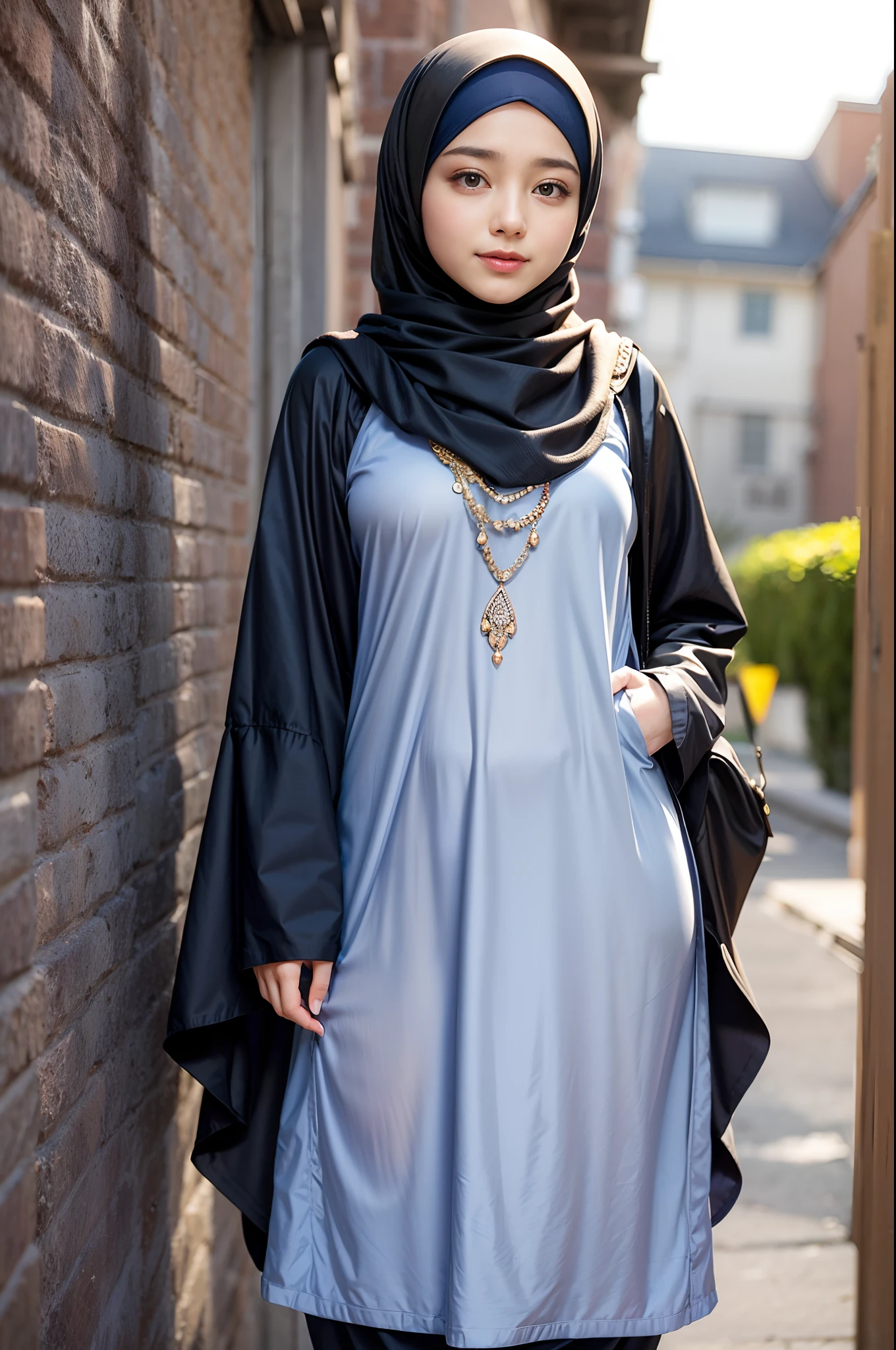 ((24 years old and beautiful girl: 1.4)), (8K, Raw photography, Best Quality, masutepiece: 1.2), high-definition RAW color photography, Professional Photography, Cinematic Light, (Fine face: 1.2), (masutepiece: 1.5), (Highest Quality: 1.2), (Smile: 1.2), (covered clothes: 1.2), (hijab: 1), jubba thobbe