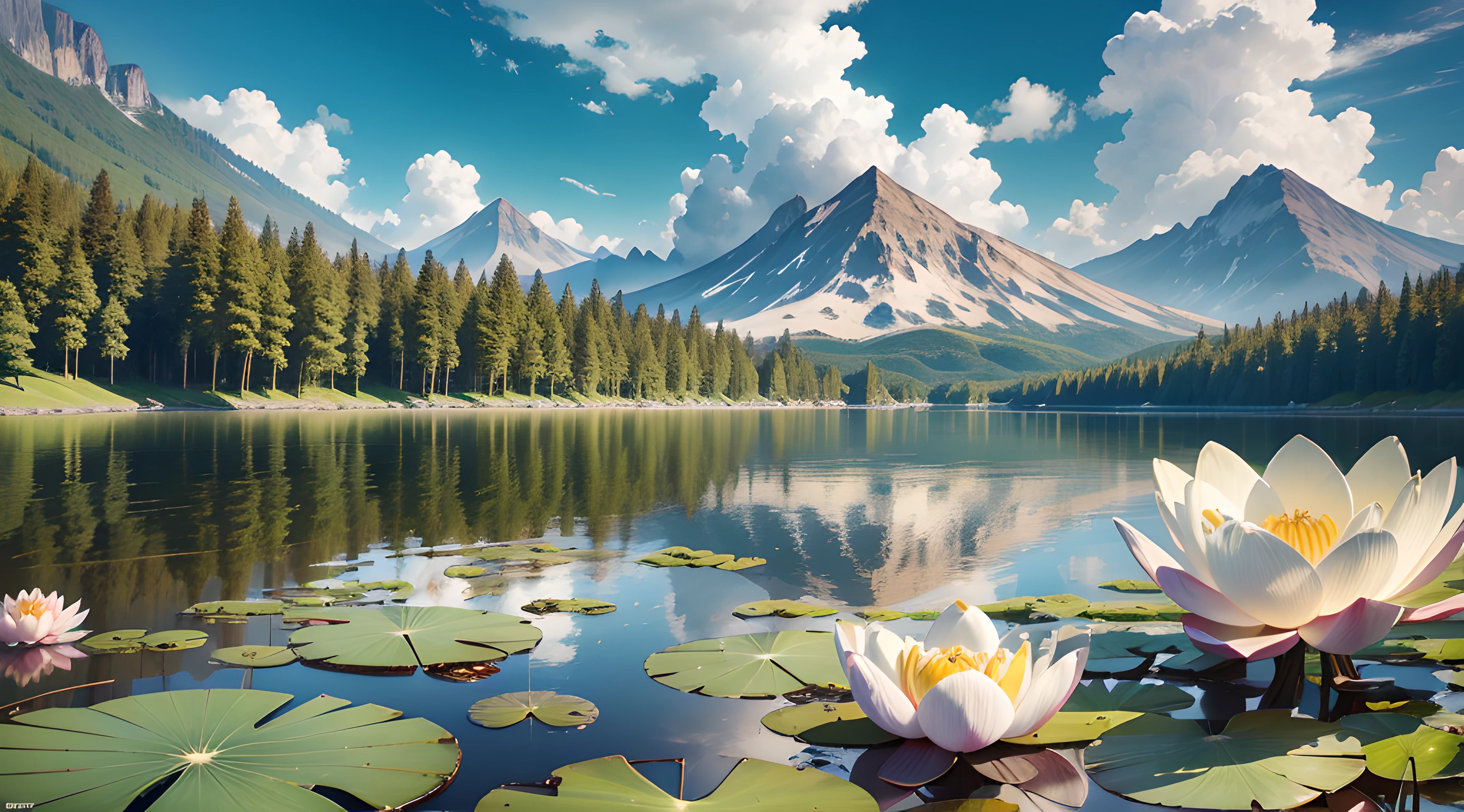 (best quality,4k,8k,highres,masterpiece:1.2),ultra-detailed,(realistic,photorealistic,photo-realistic:1.37),In the foreground is a lake, there is a [white] water lily and lotus leaf in the lake, green mountains, blue sky and white clouds, jeepley style, two-dimensional, celluloid, illustration, natural landscape, wind, summer, bright tones, sunlight