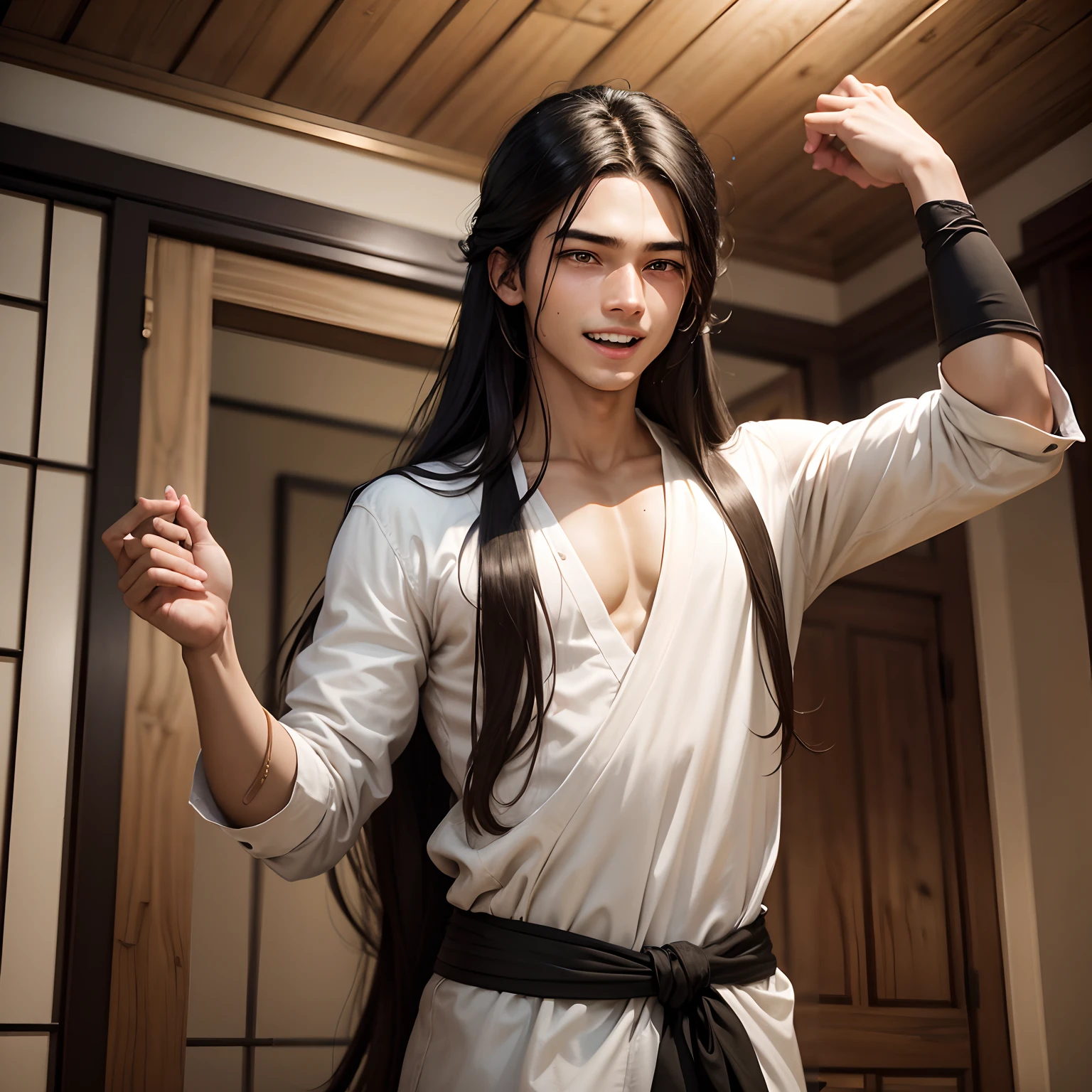 The wallpaper is inside the house made of bamboo, A young man, 18 years old named Men, black eyes, long hair, White, wearing a black tunic, Chase, Bad face laughs