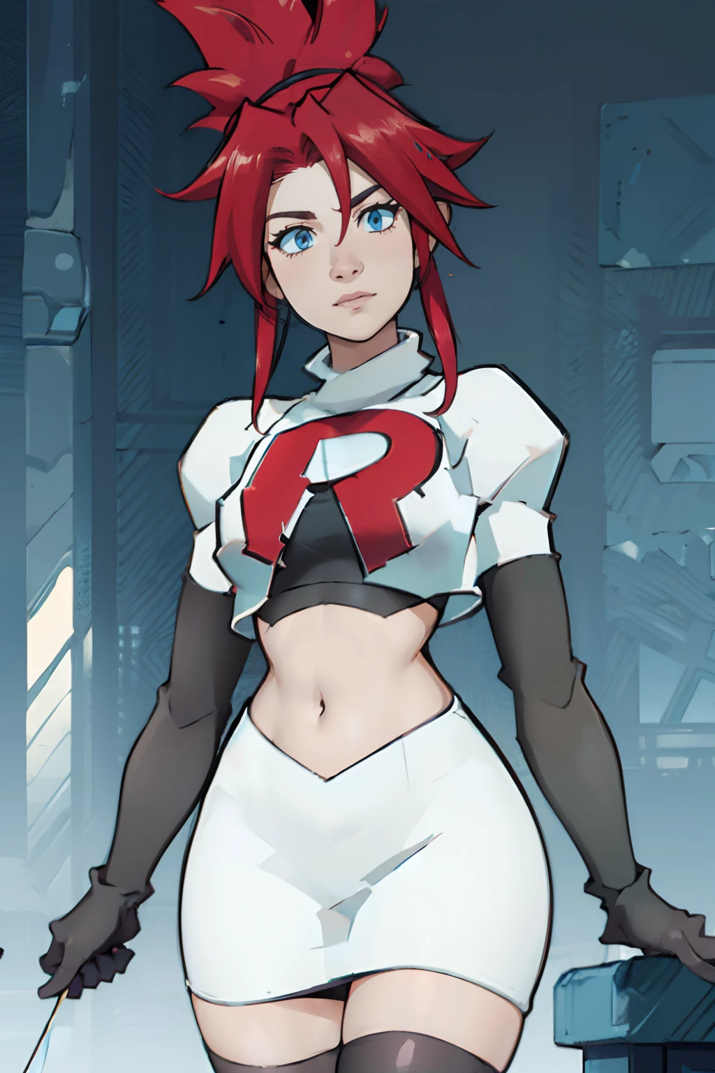 face of korsica,team rocket,team rocket uniform, red letter R, white skirt,white crop top,black thigh-highs,black elbow gloves