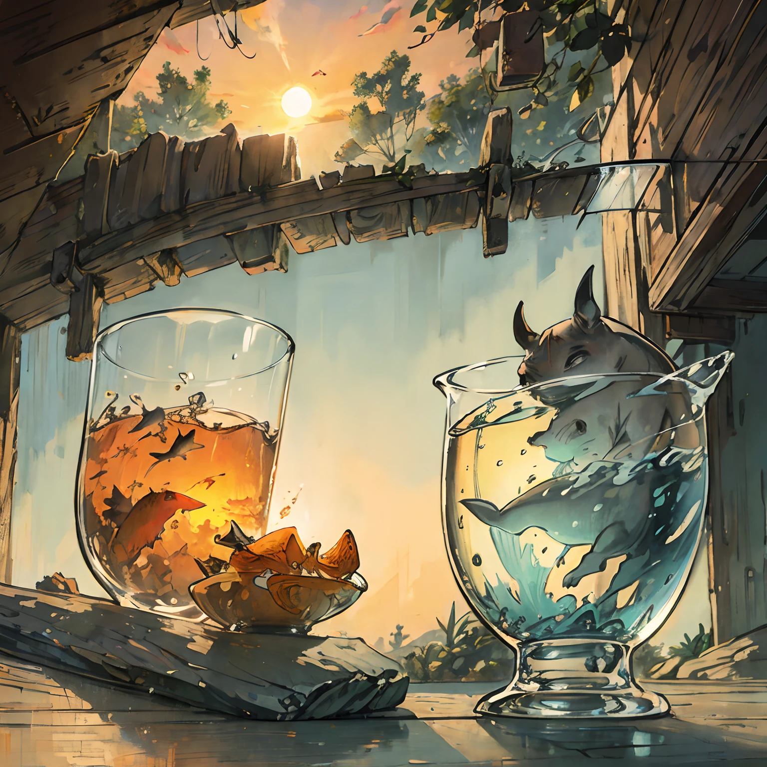 tea、Kaneki rhinoceros、goldfish、the setting sun、the morning sun、glass、glass、natural、dew