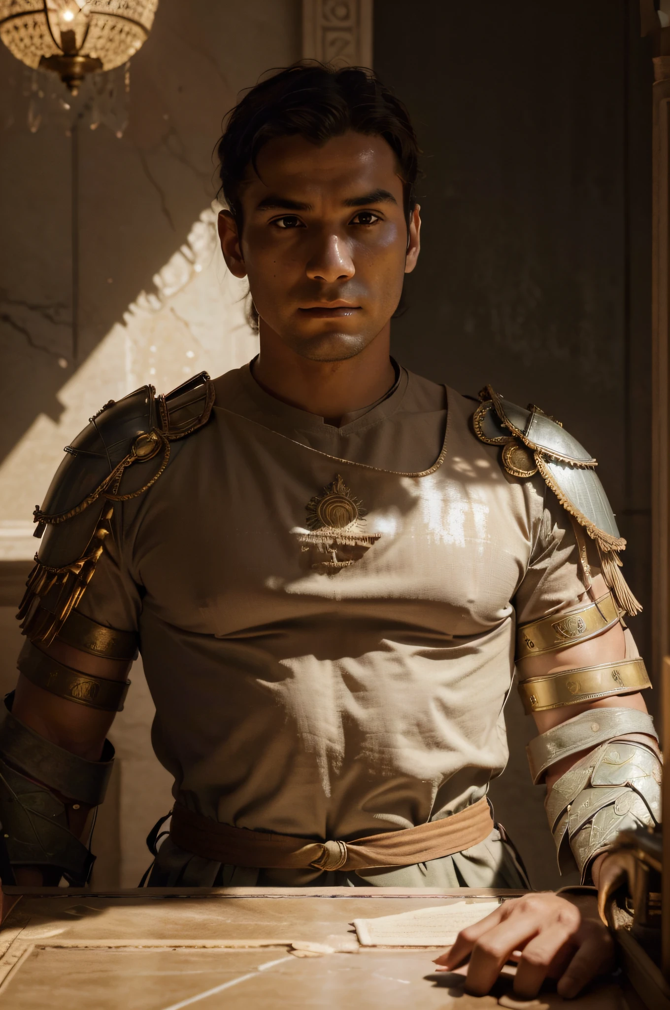 Create a realistic depiction of Sulla, the Roman general renowned for his military campaign in the East and his role in the political turmoil of the late Roman Republic. Mettez en avant sa stature imposante, its determined features and characteristic armor. Place it in a setting reminiscent of ancient Rome or the battlefield of the time {{{Masterpiece}}}, {extremely delicate and beautiful}, (seulement:1.5), (Best quality:1.2), (ultra highres, photoreallistic, Photo brute:1.4), 8k, lighting cinematic, beautiful lighting, professional lighting, Rendu physique, Cartographie des photons, radiosity, detailed and intricate, face detail,  1 boy,Ding Zhen, High quality, Hdr