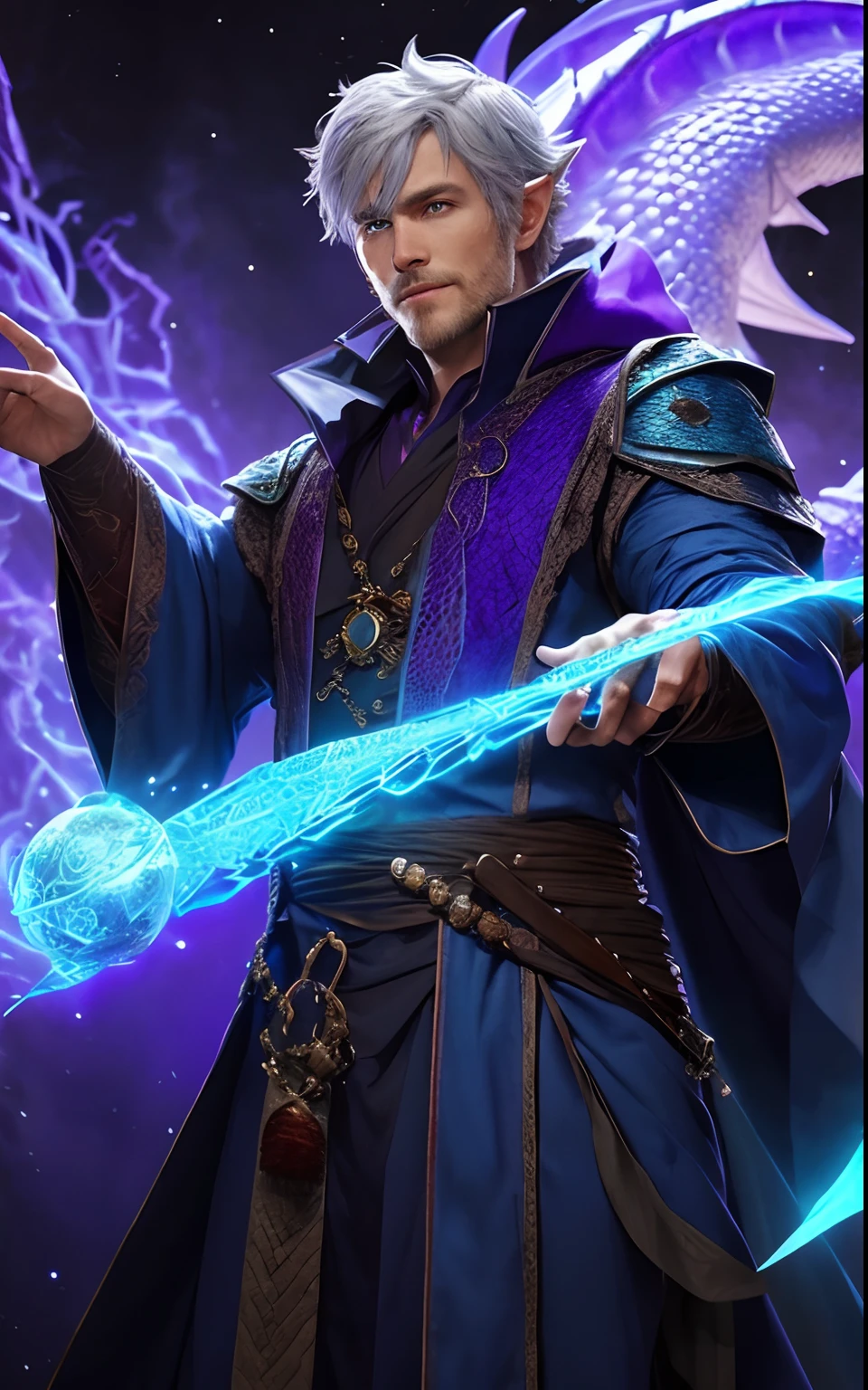 DND, sorcerer, humanoid dragon , blue scales, purple robe,