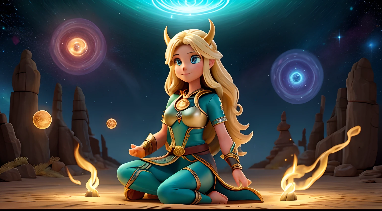 Immortal Norse Goddess, super bonito, 8k, seios super grandes, Meditando, O pano cobre a maior parte de seu corpo, sentado de pernas cruzadas, golden luminous magic circle spinning behind her, magical aura around its parts, Magia, fantasia, milkyway background, 4 elementos: fire, water, vento, a terra a rodeia;