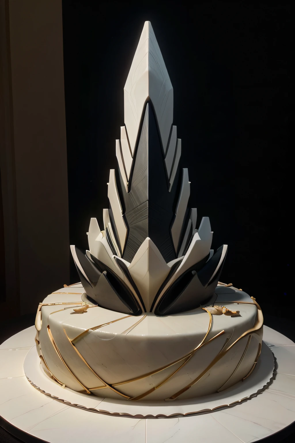 (detailing,feature-lit,high-quality,artistic,abstract,sculptured,architecturally designed:1.1,extravagant:1.3) An extravagant cake sculpted with an architecturally designed style by Zaha Hadid. The cake is richly detailed and feature-lit to highlight its unique shape and form. It showcases Zaha Hadid's signature abstract and artistic approach, combining fluid lines and bold geometries. The cake is a masterpiece of craftsmanship, with intricate detailing that showcases the creativity and innovation of Zaha Hadid's design. The colors used are vibrant and vivid, creating a visually stunning display. The cake is adorned with delicate edible sculptures inspired by Zaha Hadid's architectural works, adding an extra layer of sophistication. The lighting of the cake is carefully considered, with strategically placed spotlights and ambient illumination to enhance its sculptural qualities. The overall effect is a high-quality, visually captivating cake that reflects the artistry and vision of Zaha Hadid.
