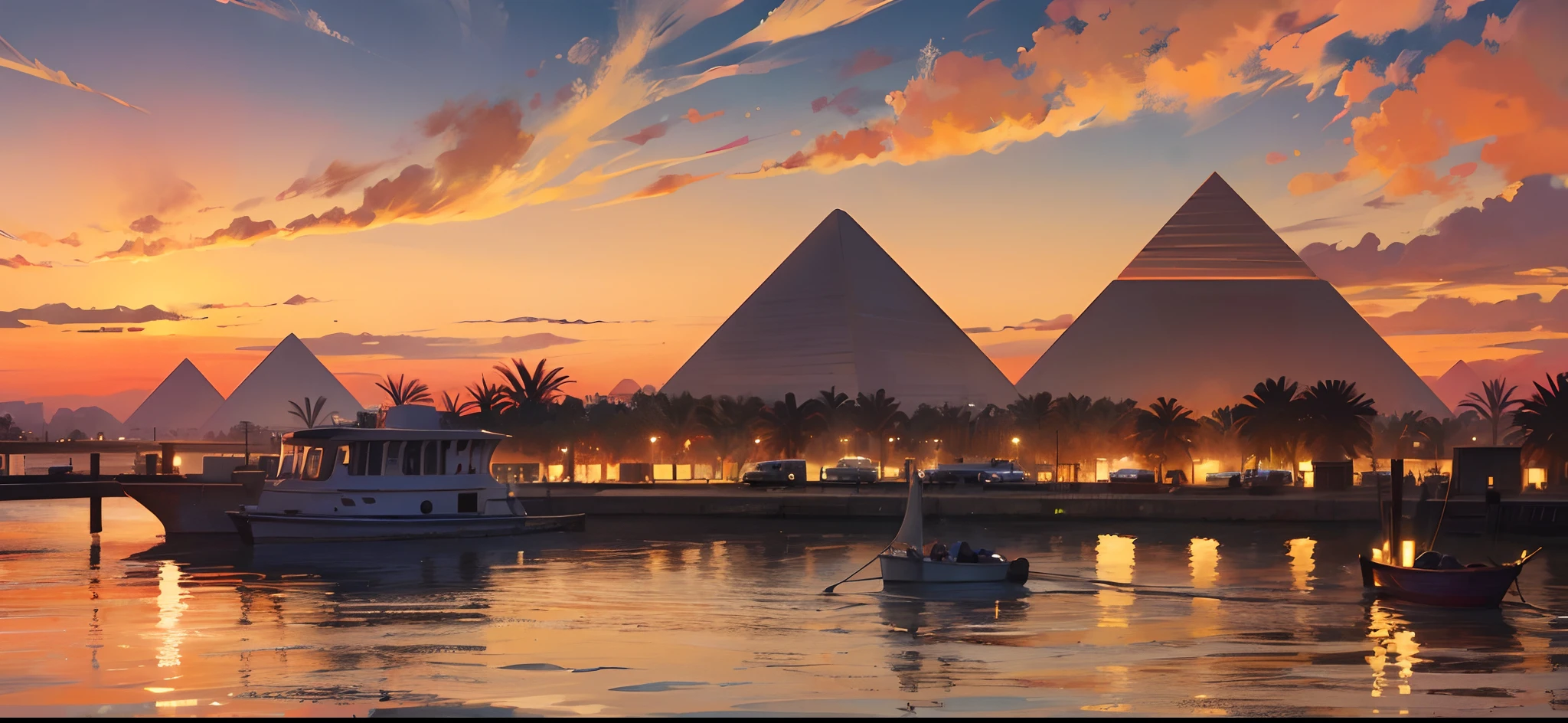 Pharaonic culture, temples, river, Egyptian obelisks in the background, Pharaonic sailboats, evening, firelight, palm trees, sunset, light clouds --auto --s2