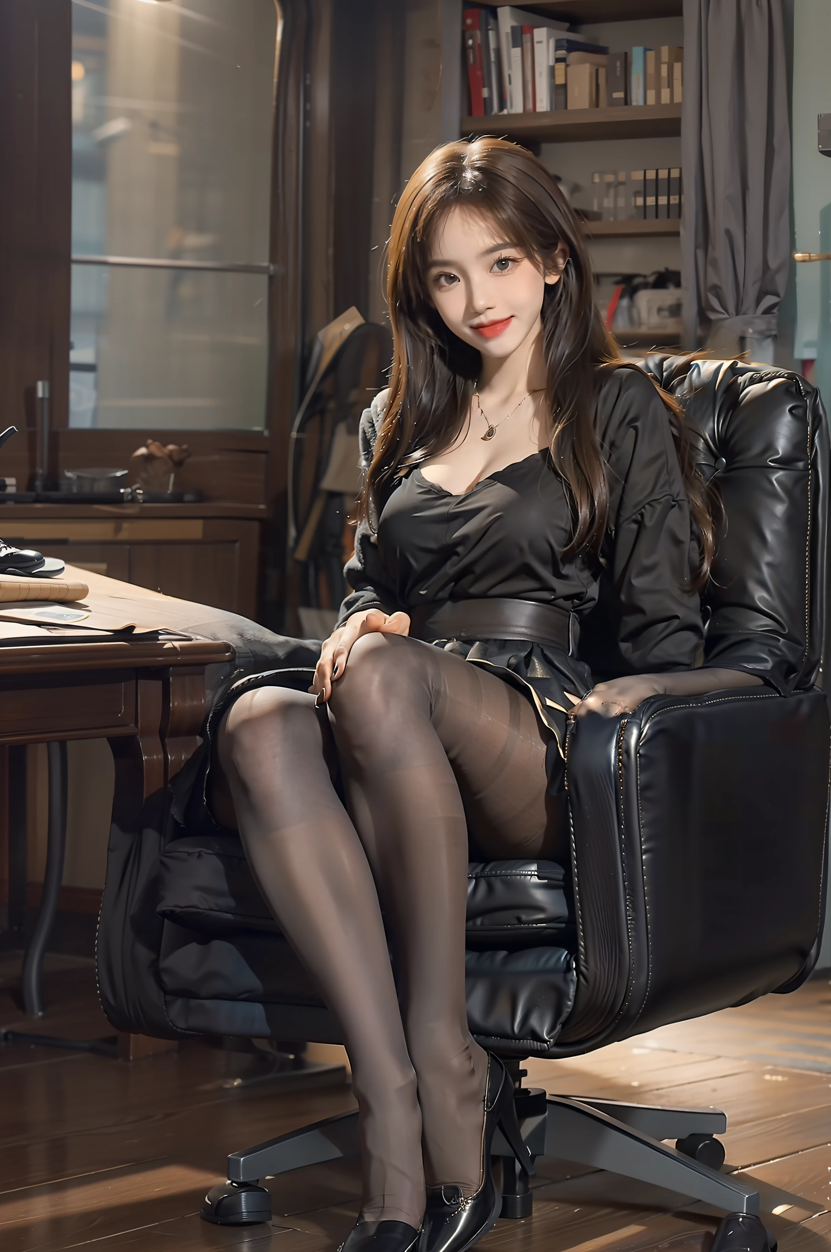 (Full body:1.5)、(((1girl in)):1.3)、Bangs above the eyebrows、(view the viewer:1.4)、((anatomy correct):1.45)、32years old、(Beautiful:1.2) 、(Very large breasts:1.3)、(Accurate and perfect face:1.3)、A smile、hyper HD、Ray traching、reflective light、 Structurally correct、awardwinning、high detailing、Lighten the shade contrast、Face lighting、Cinematic lighting、masutepiece、super detailing,、High quality、high detailing、Best Quality、16 K、High contrast、brunette disheveled hair、((Brown pantyhose:1.3))、Black tight skirt、Blouse、Inside the Secretariat, Woman sits on a magnificent black leather chair. She took off her shoes、I propped my legs on the desk, Exposing the soles of shoes with a contemptuous smile. Her posture exudes an air of arrogance and superiority. This scene is、Seen from the perspective of the person who is directly facing her, Capturing the arrogant attitude of women.