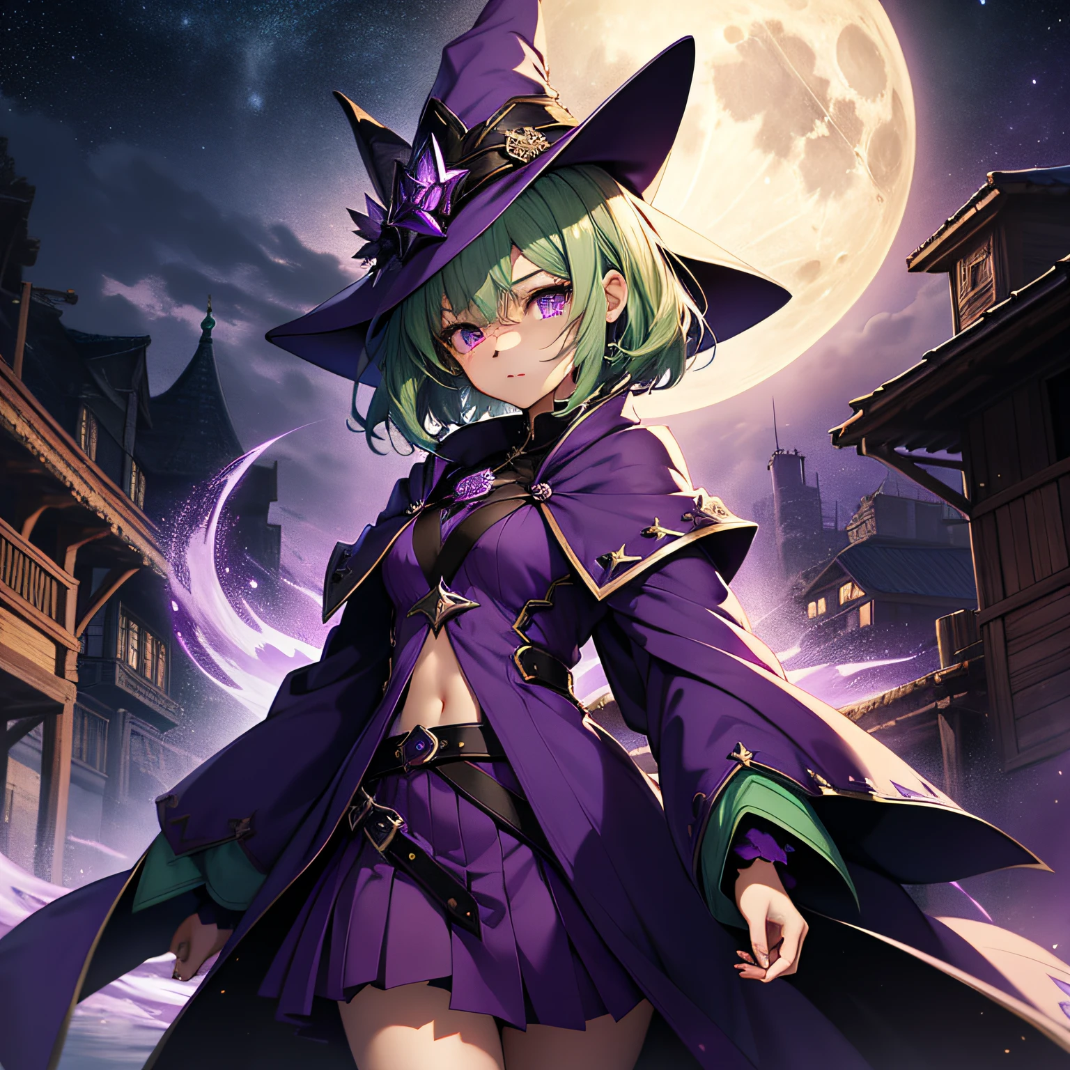 top-quality、extremely delicate and beautiful、(A girl)、Purple Eye、Green hair、short-haired、(purple witch hat)、Purple tie、Soio、shortsleeves、Purple skirt、Purple Wizard Robe、Navel、is standing、Full moon night on background