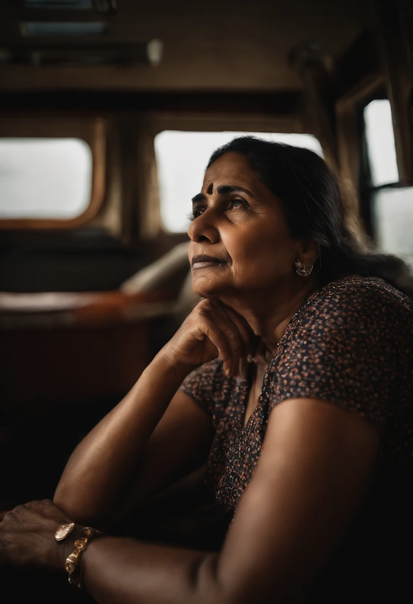 Indian woman sleeping next to an elderly man on a sleeper bus, with a focus on her deep neckline, wearing a comfortable shirt and loungewear. (best quality,highres),ultra-detailed,realistic:1.37, HDR, vivid colors, studio lighting.