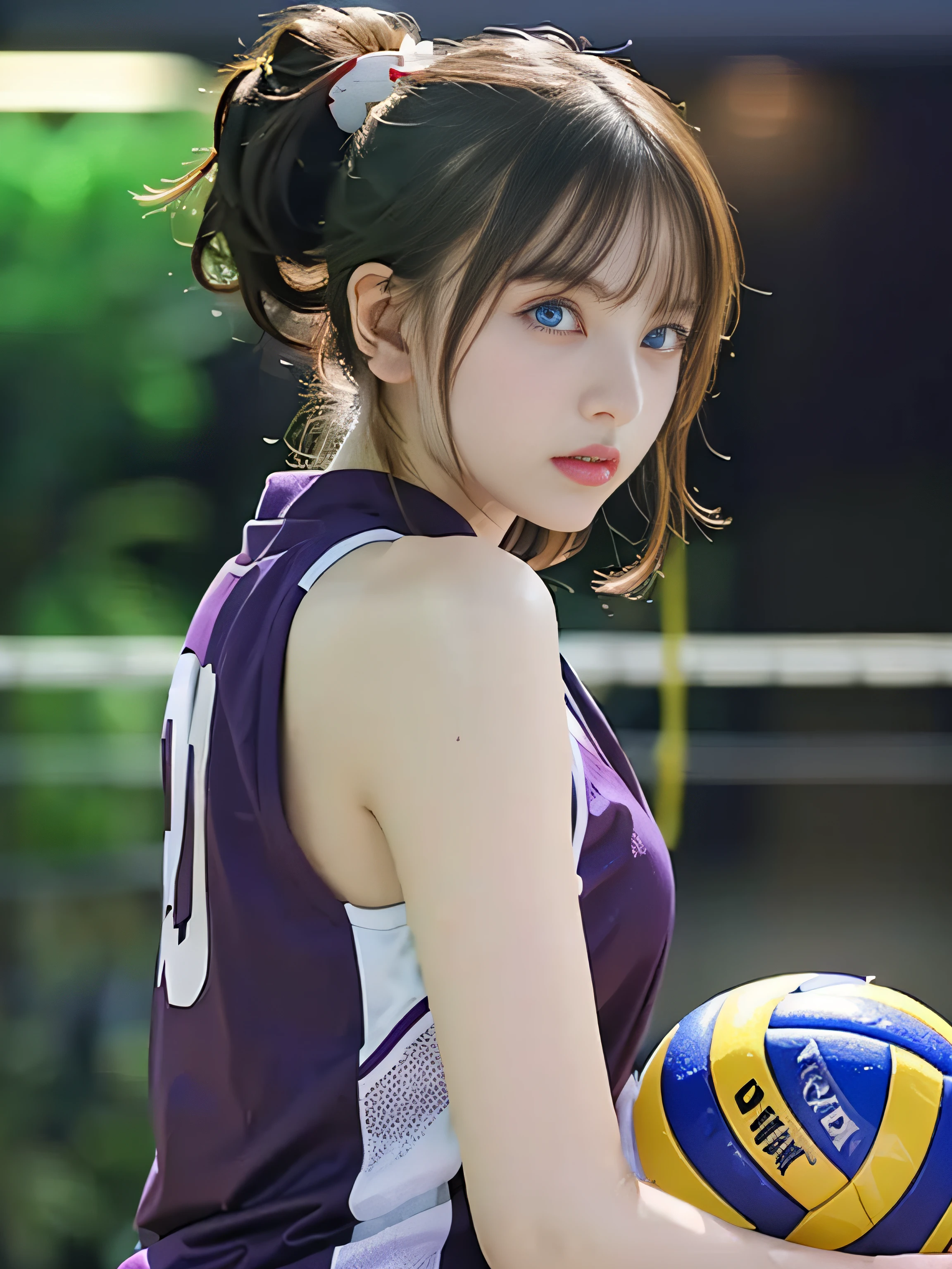 top-quality、​masterpiece、超A high resolution、(Photorealsitic:1.4)、Raw photo、1girl in、glowy skin、headset on head、((super realistic details))、portlate、globalillumination、Shadow、octan render、8K、ultrasharp、((delicate body shape))、Future hair ornament、(Red and white uniforms of volleyball team:1.3)、((Colossal tits:1.4))、(Side Boo Boo), (skin tanned:1.4)、highly intricate detail、Realistic light、Metal shine、CGSoation Trends、(a purple eye:1.4)、(radiant eyes)、Facing the camera、neon details、Sitting holding a volleyball、Cyberpunk background、Small LED lamp、(Purple and green lighting from behind)、