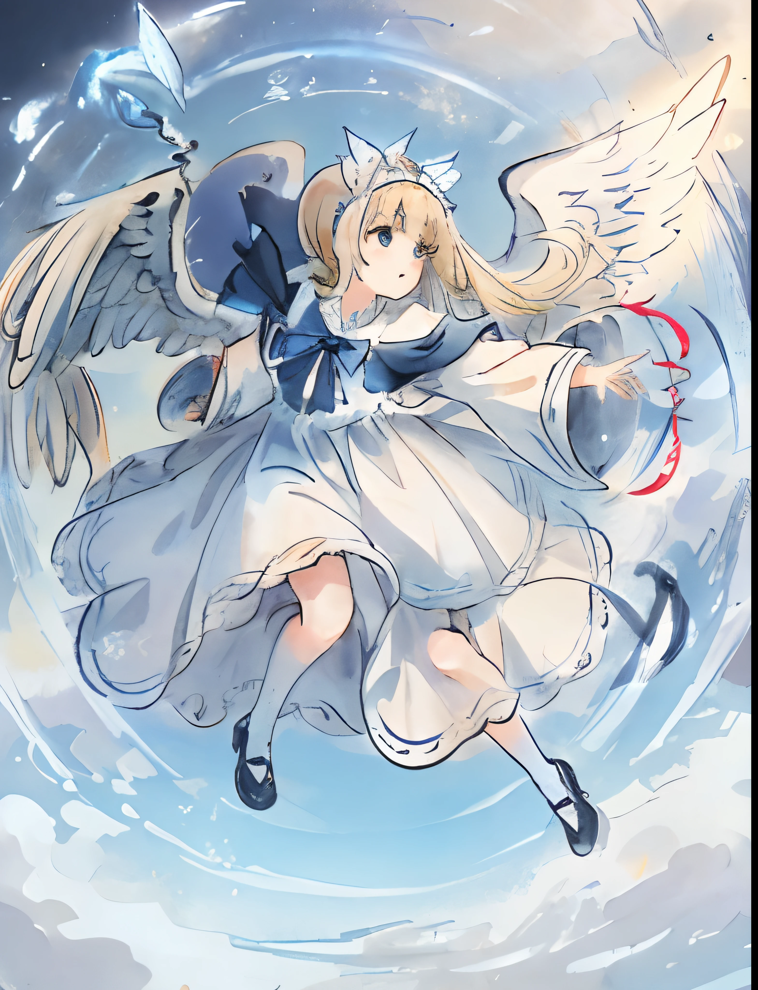 master piece, best quality, high resolution, ultra-detailed, a blond、Longhaire、angelicales、Girl with wings、Circle of Angels、Blue headband、Pulling a bow、Dynamism、illustratio、Wearing a white floundering dress、mystical